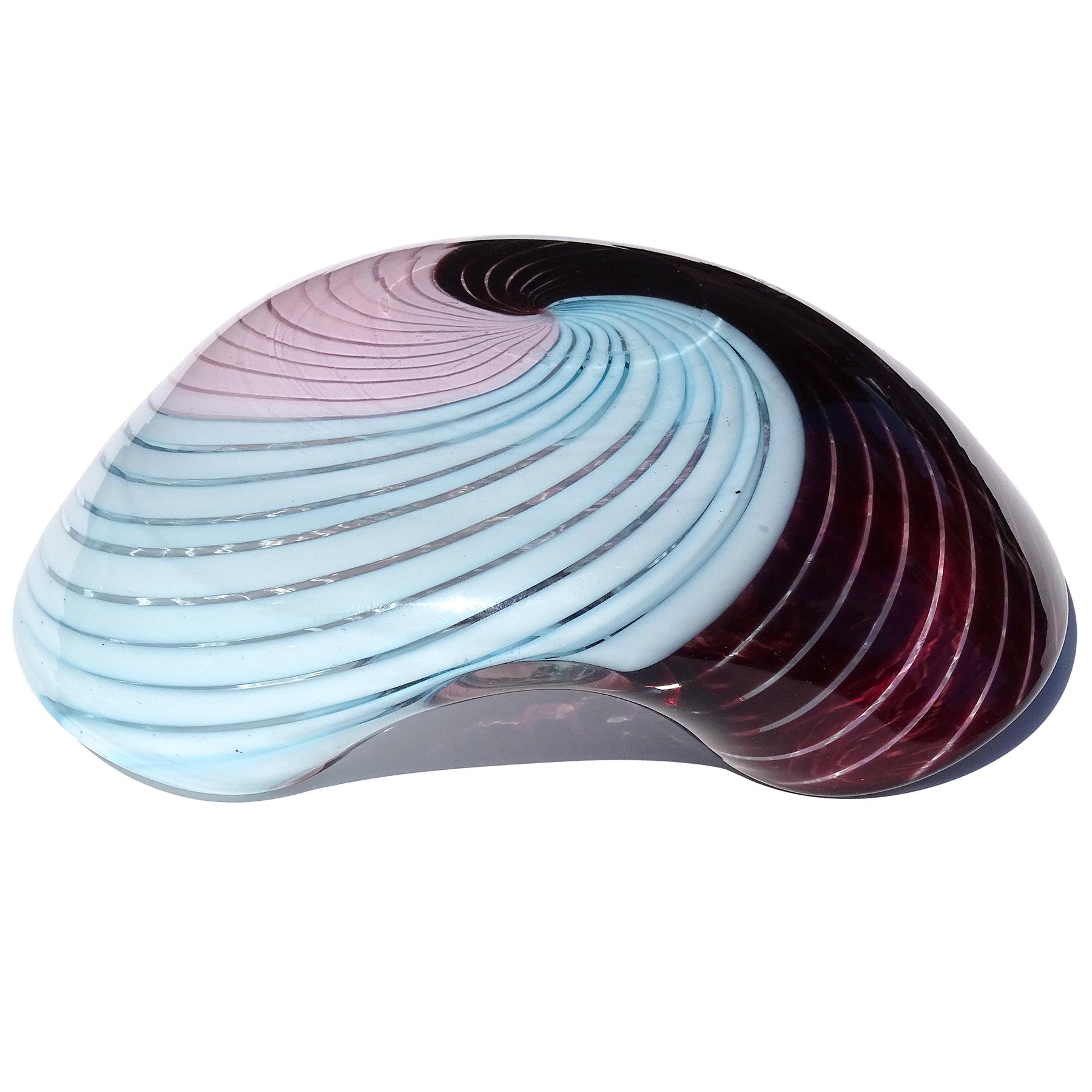 Murano Pink Sky Blue Dark Purple Ribbons Swirl Pattern Italian Art Glass Bowl 3