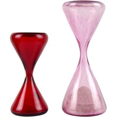 Vintage Murano Pink Spots Bright Red Italian Art Glass Sand Hourglass Clock Object Set