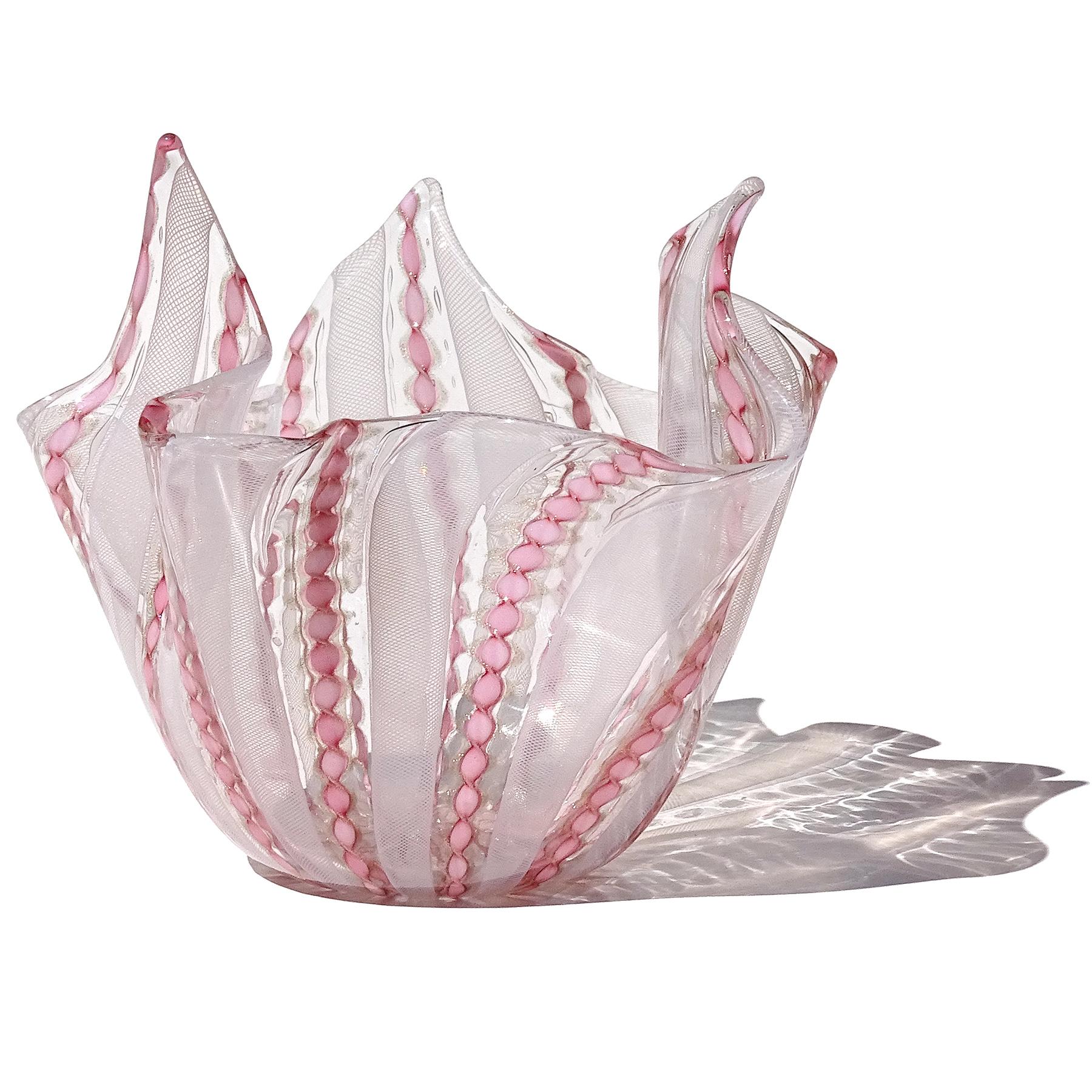 Murano Pink White Aventurine Flecks Ribbons Italian Art Glass Fazzoletto Vase In Good Condition In Kissimmee, FL