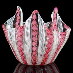 Murano Pink White Aventurine Flecks Ribbons Italian Art Glass Fazzoletto Vase