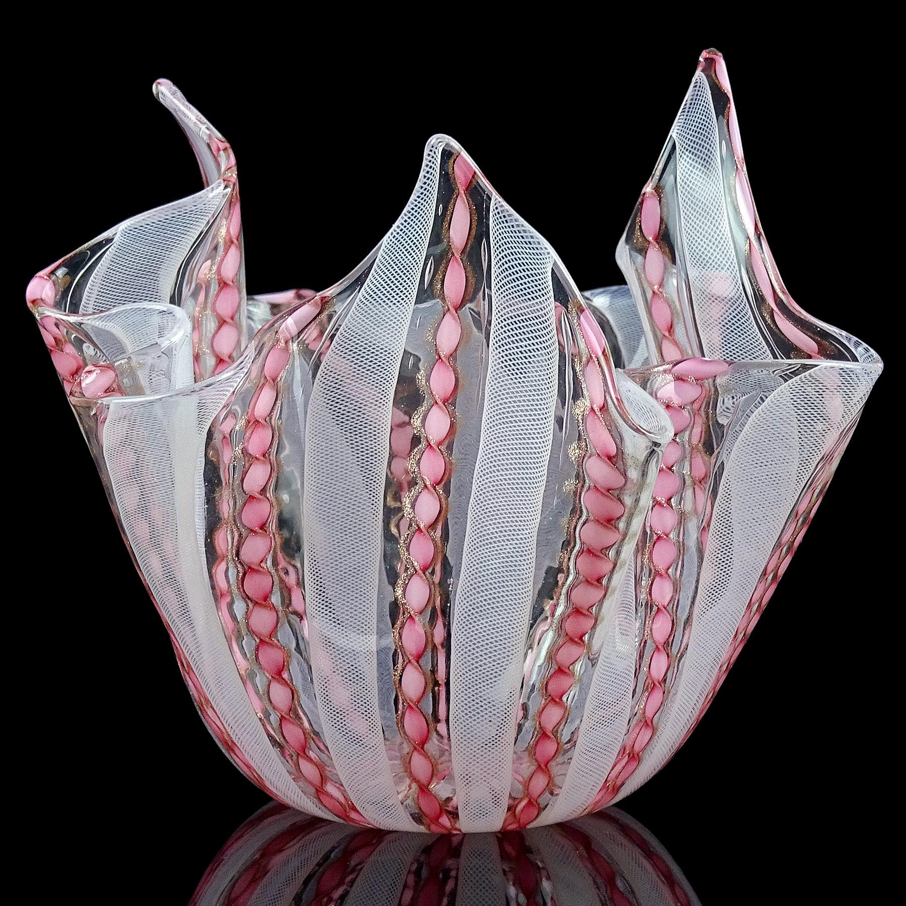 Beautiful vintage Murano hand blown pink, aventurine and white Italian art glass fazzoletto / handkerchief flower vase. Attributed to the Fratelli Toso company. In the style of Venini vases. The piece is made in an alternating pattern of twisting