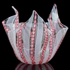 Murano Pink White Aventurine Flecks Ribbons Italian Art Glass Fazzoletto Vase