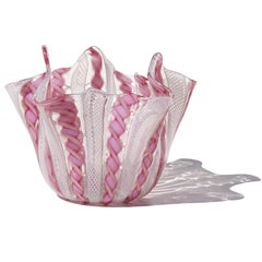 Murano Pink White Aventurine Flecks Ribbons Italian Art Glass Fazzoletto Vase