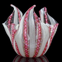 Murano Pink White Aventurine Flecks Ribbons Italian Art Glass Fazzoletto Vase