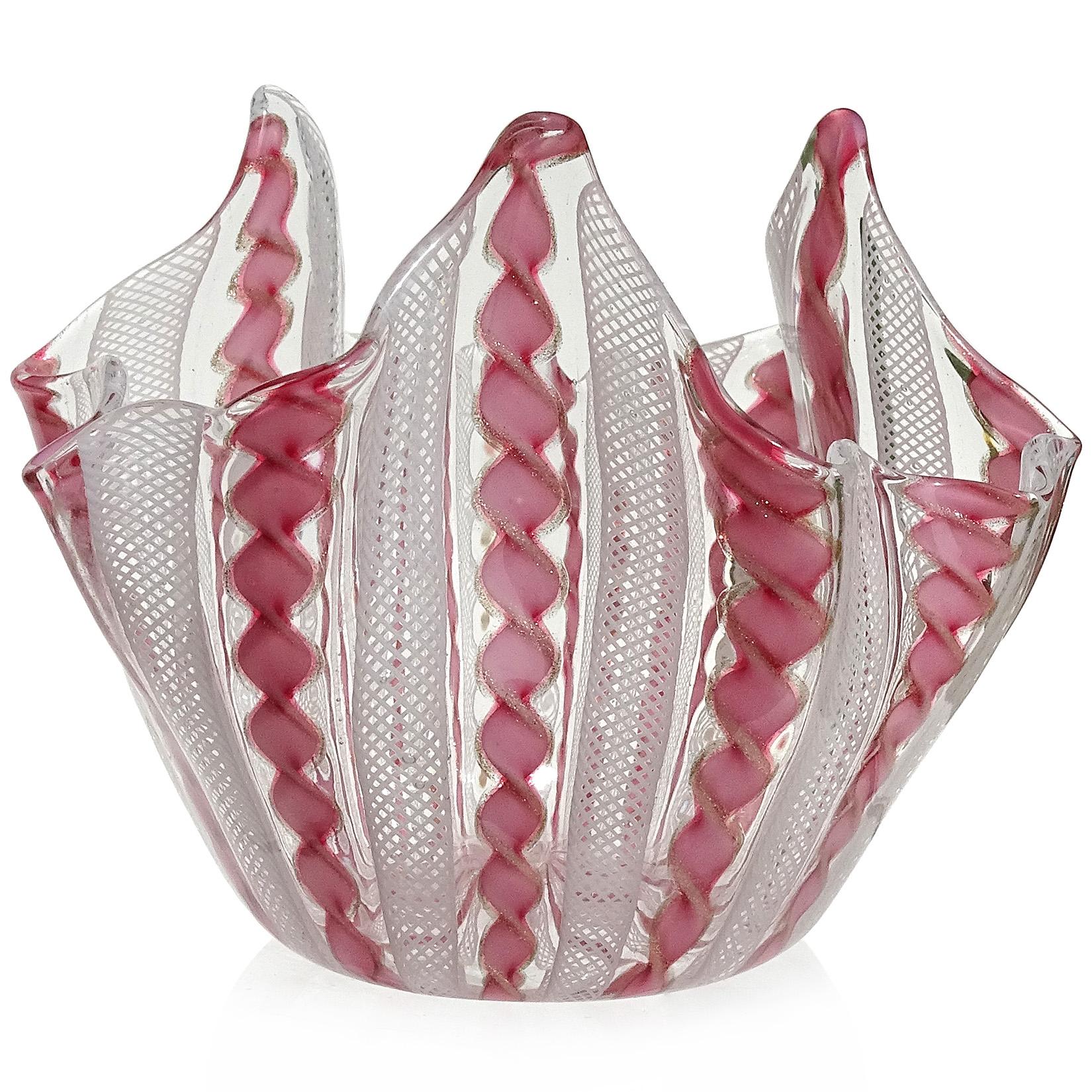 Mid-Century Modern Murano Pink White Aventurine Flecks Ribbons Italian Art Glass Fazzoletto Vase For Sale