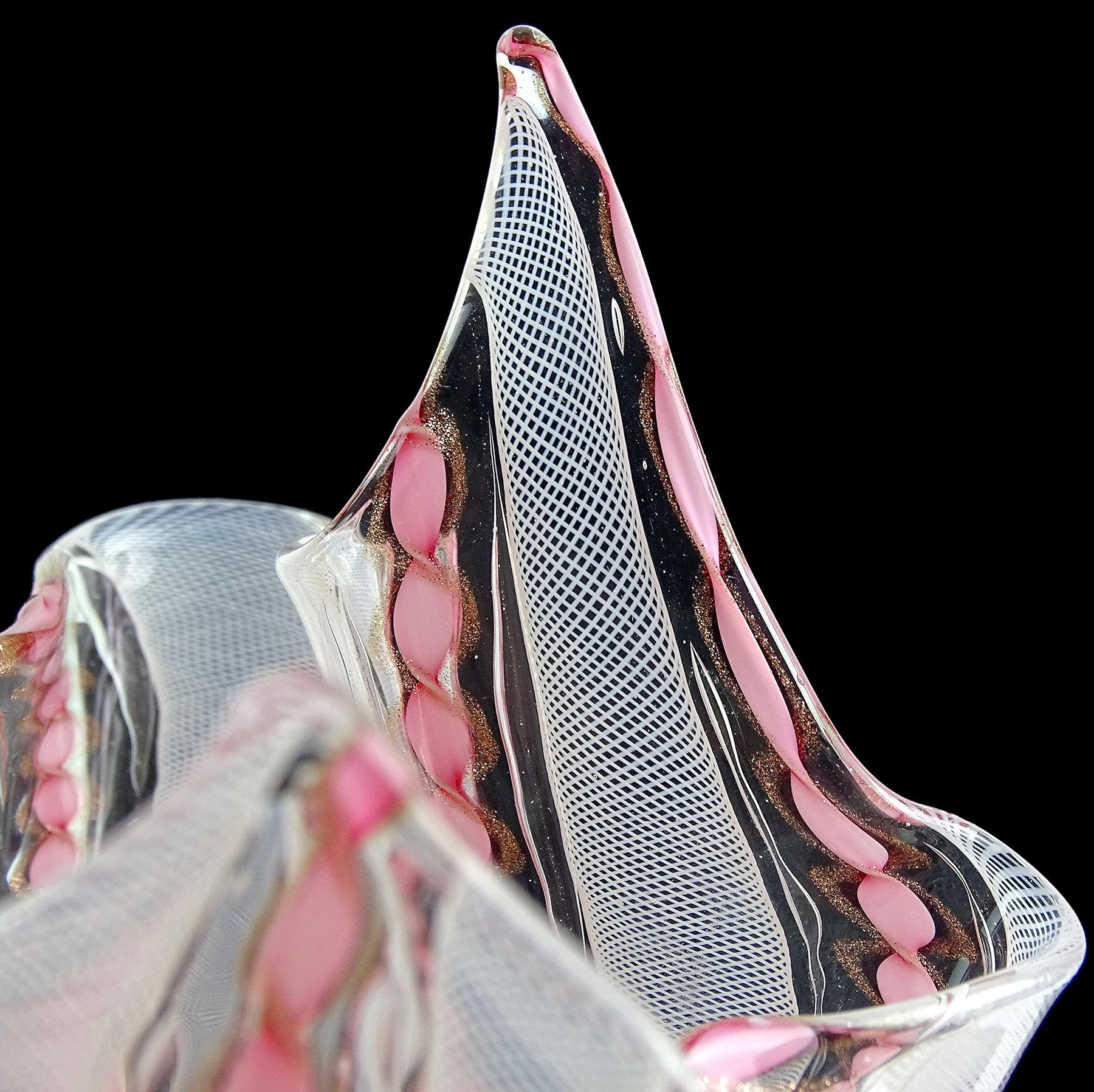 Murano Pink White Aventurine Flecks Ribbons Italian Art Glass Fazzoletto Vase 4