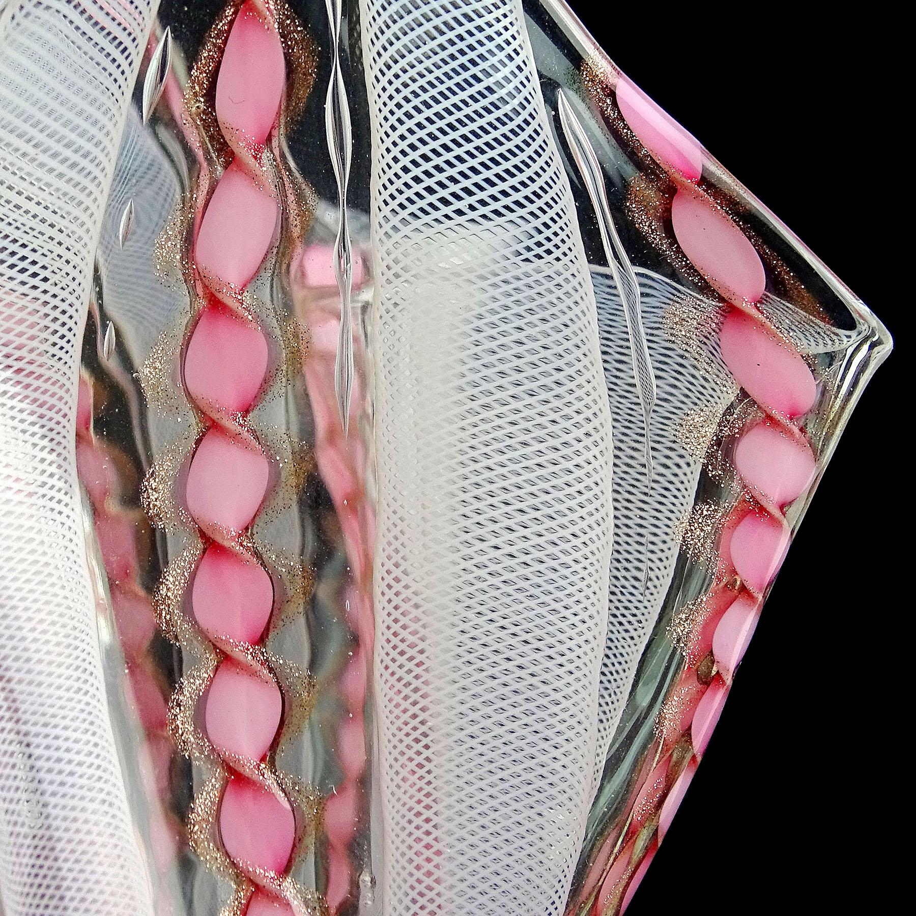 Murano Pink White Aventurine Flecks Ribbons Italian Art Glass Fazzoletto Vase 5
