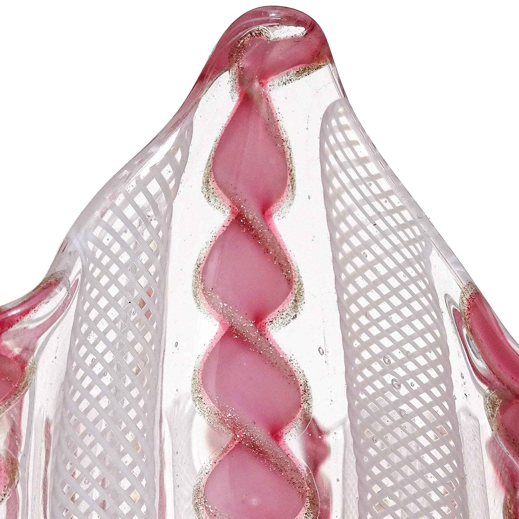 Murano Pink White Aventurine Flecks Ribbons Italian Art Glass Fazzoletto Vase In Good Condition For Sale In Kissimmee, FL