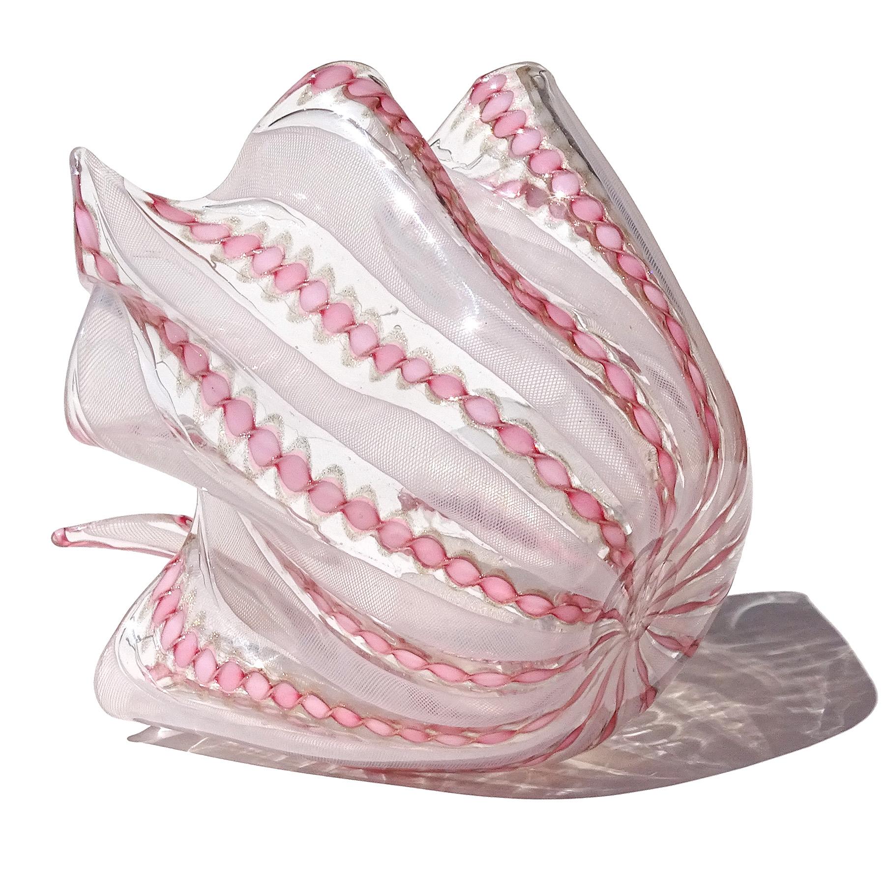 Murano Pink White Aventurine Flecks Ribbons Italian Art Glass Fazzoletto Vase 2