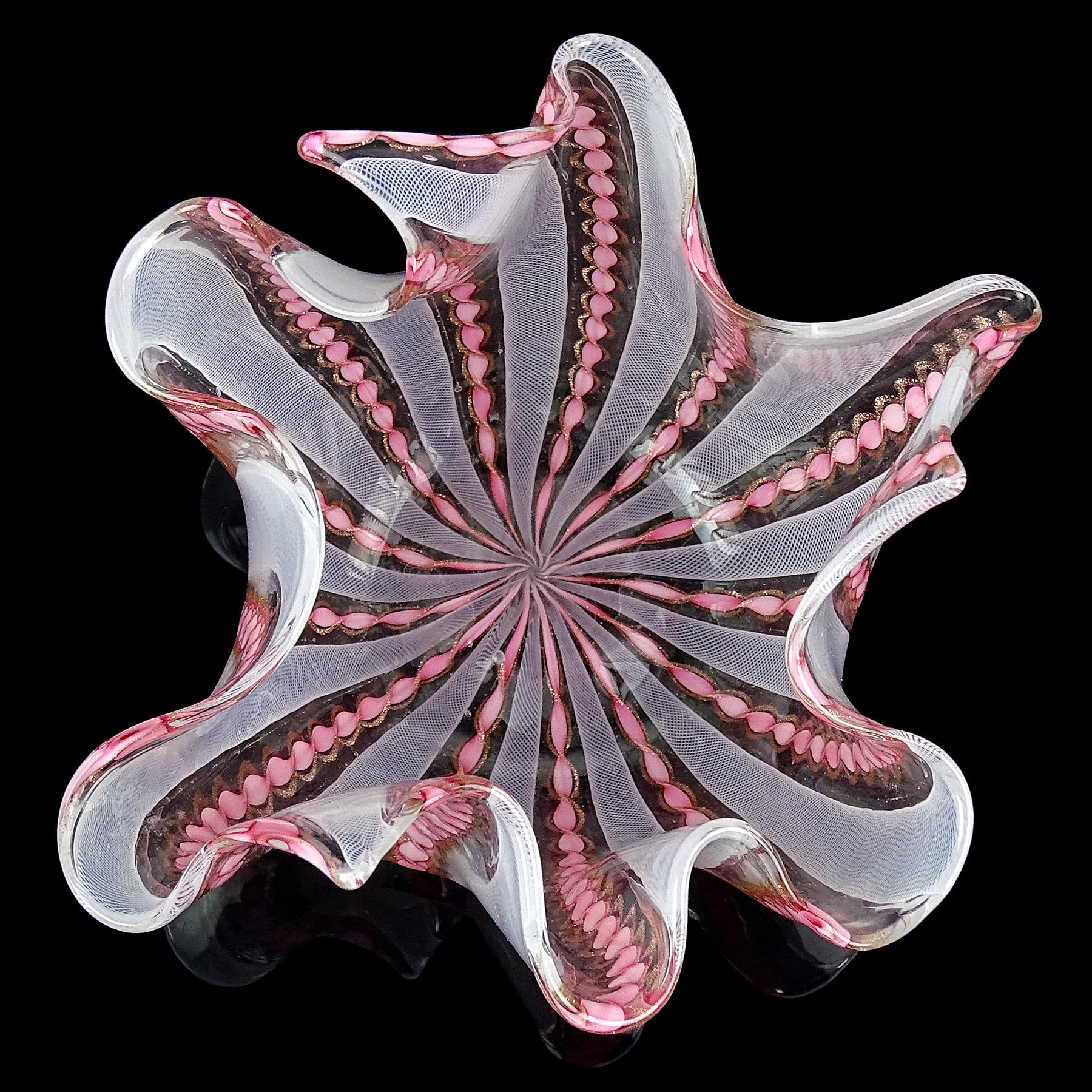 20th Century Murano Pink White Aventurine Flecks Ribbons Italian Art Glass Fazzoletto Vase