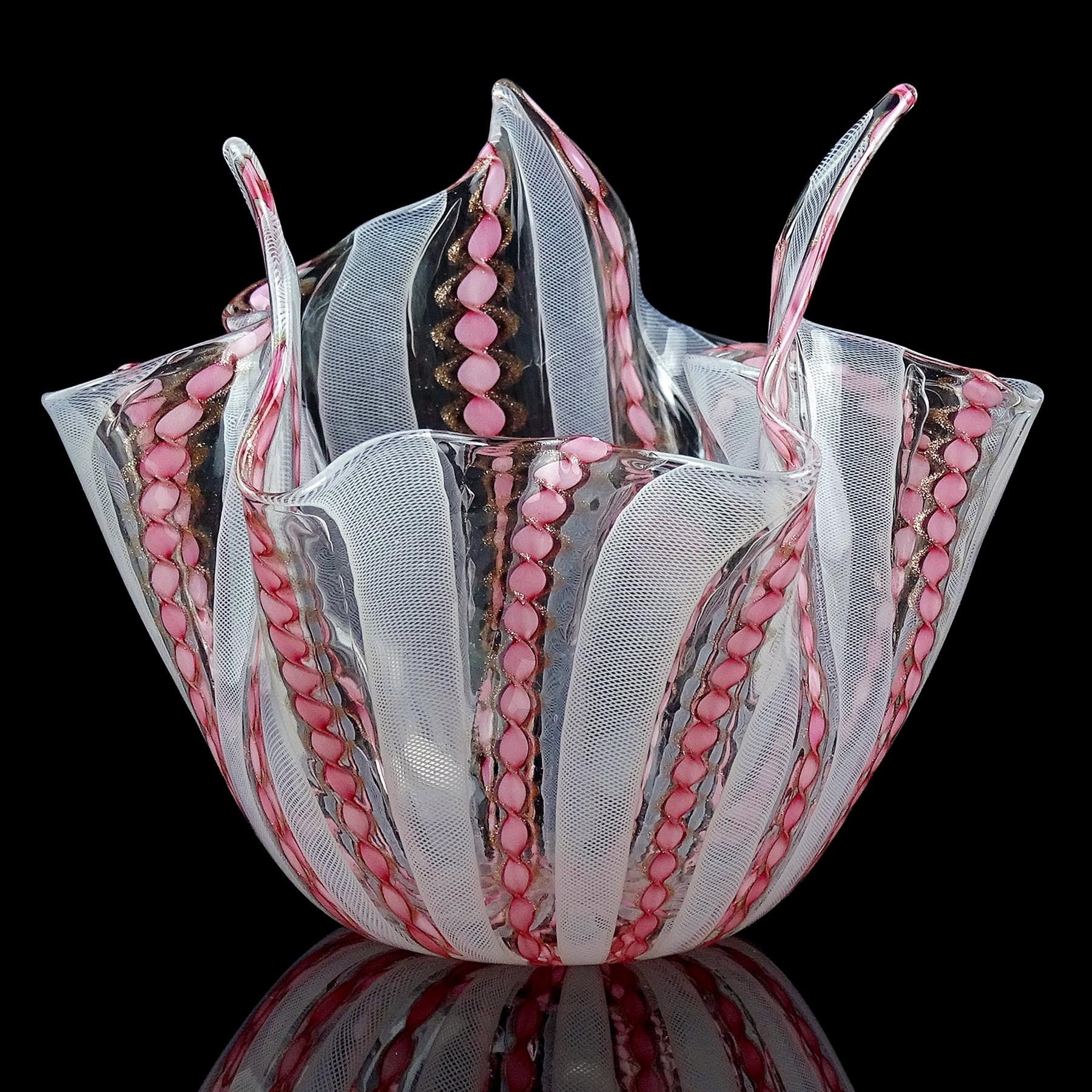 Hand-Crafted Murano Pink White Aventurine Flecks Ribbons Italian Art Glass Fazzoletto Vase