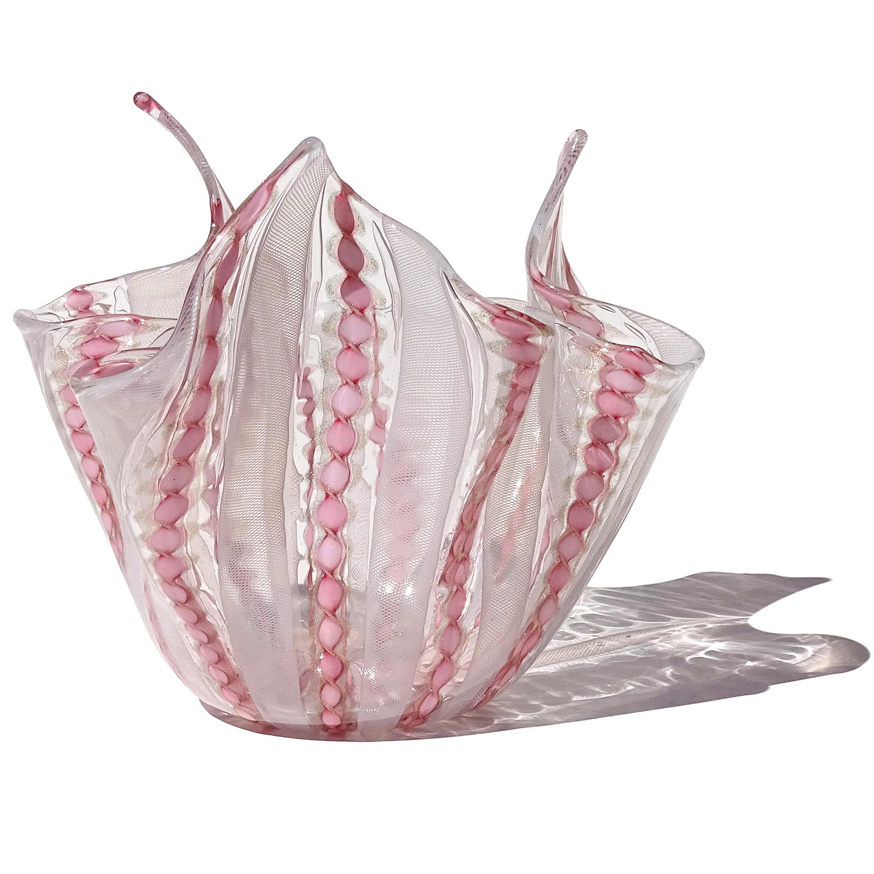 Mid-Century Modern Murano Pink White Aventurine Flecks Ribbons Italian Art Glass Fazzoletto Vase