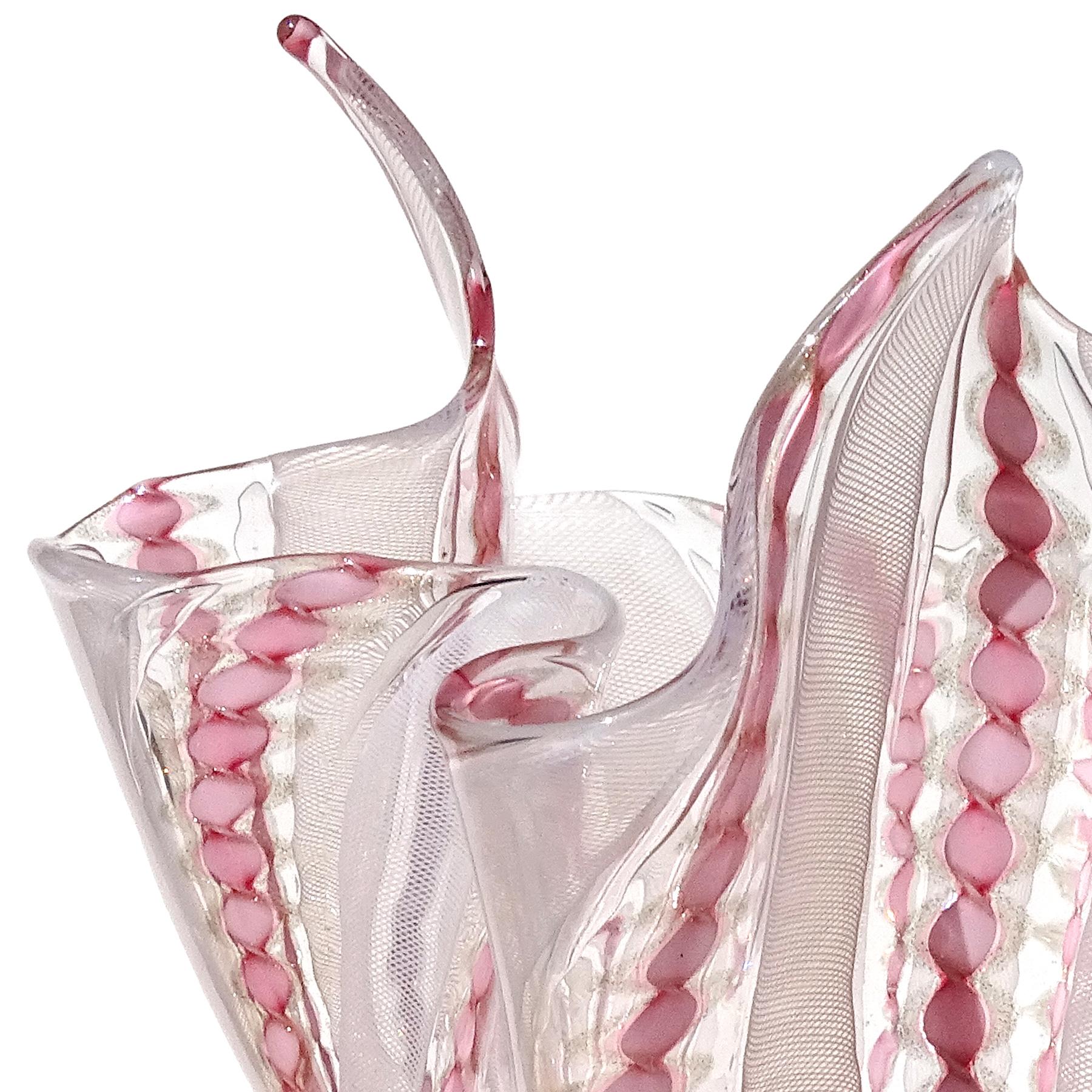 Murano Pink White Aventurine Flecks Ribbons Italian Art Glass Fazzoletto Vase 3