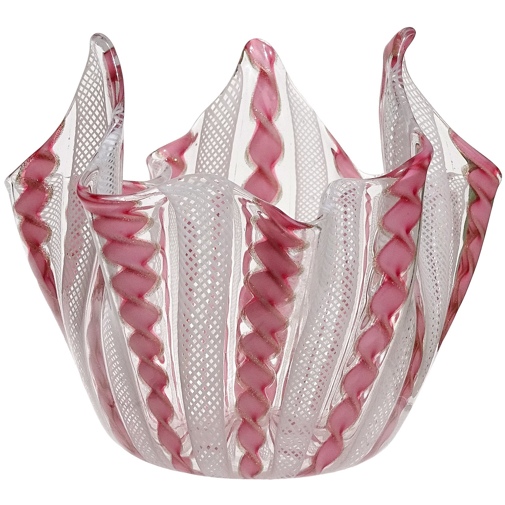 Murano Pink White Aventurine Flecks Ribbons Italian Art Glass Fazzoletto Vase For Sale
