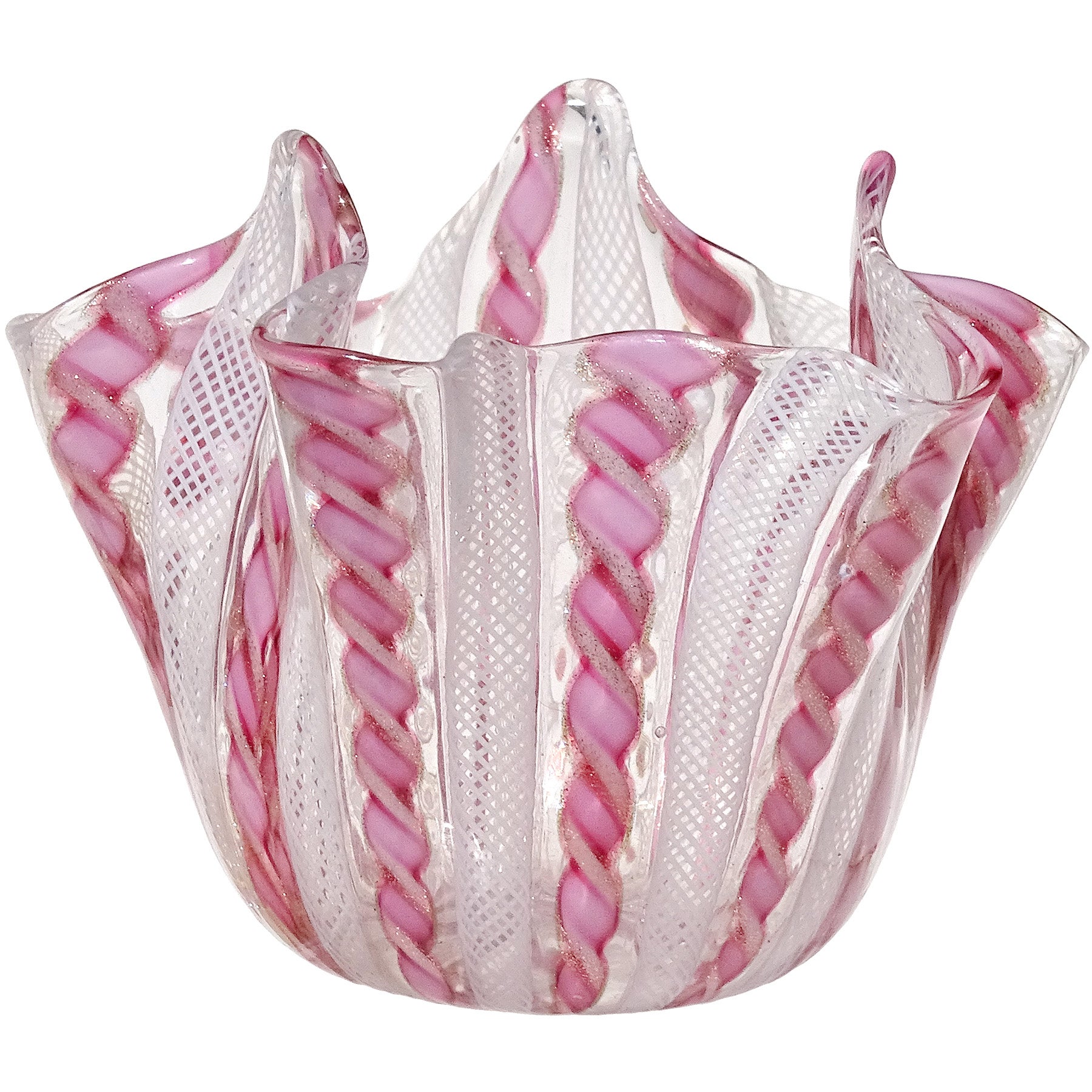 Murano Pink White Aventurine Flecks Ribbons Italian Art Glass Fazzoletto Vase