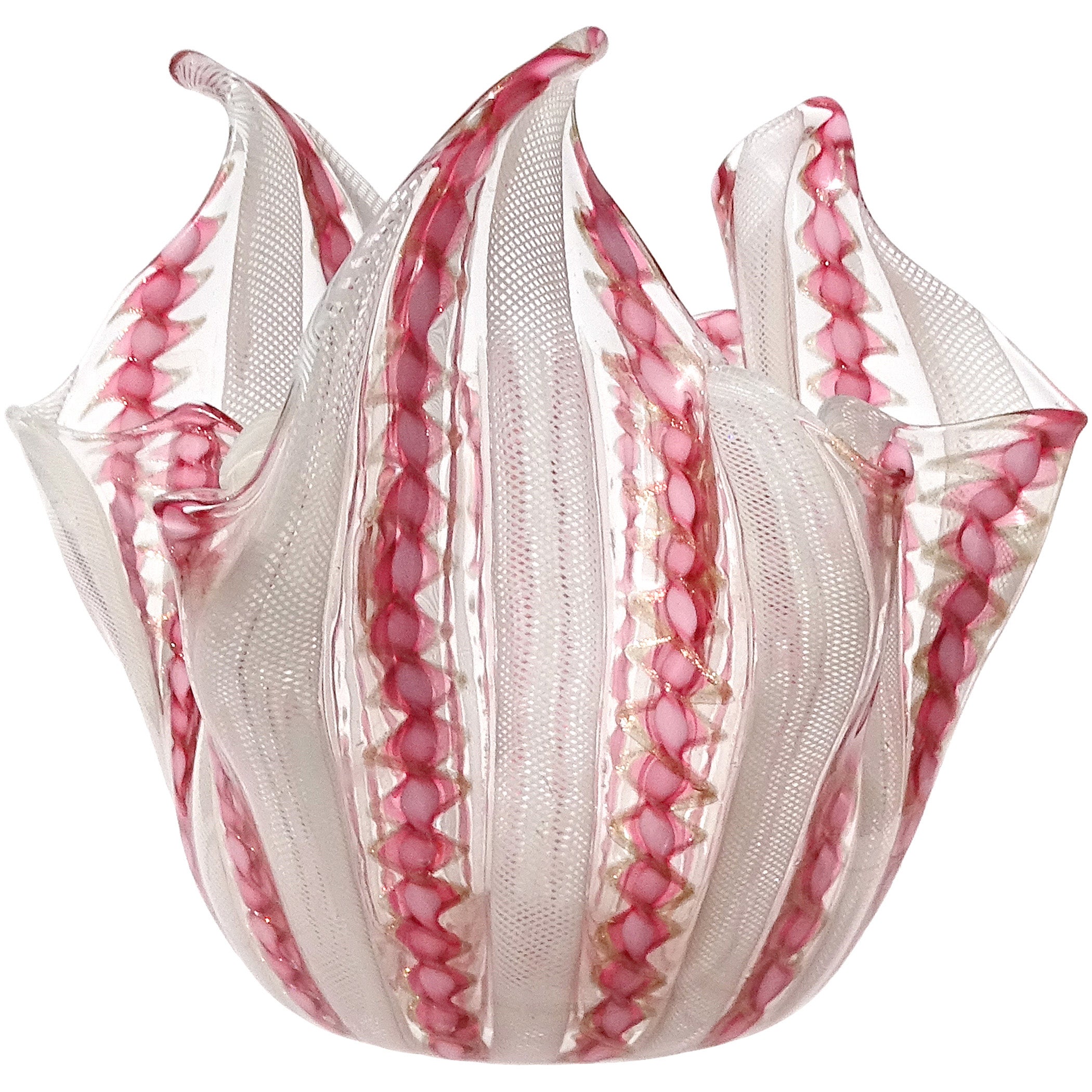 Murano Pink White Aventurine Flecks Ribbons Italian Art Glass Fazzoletto Vase