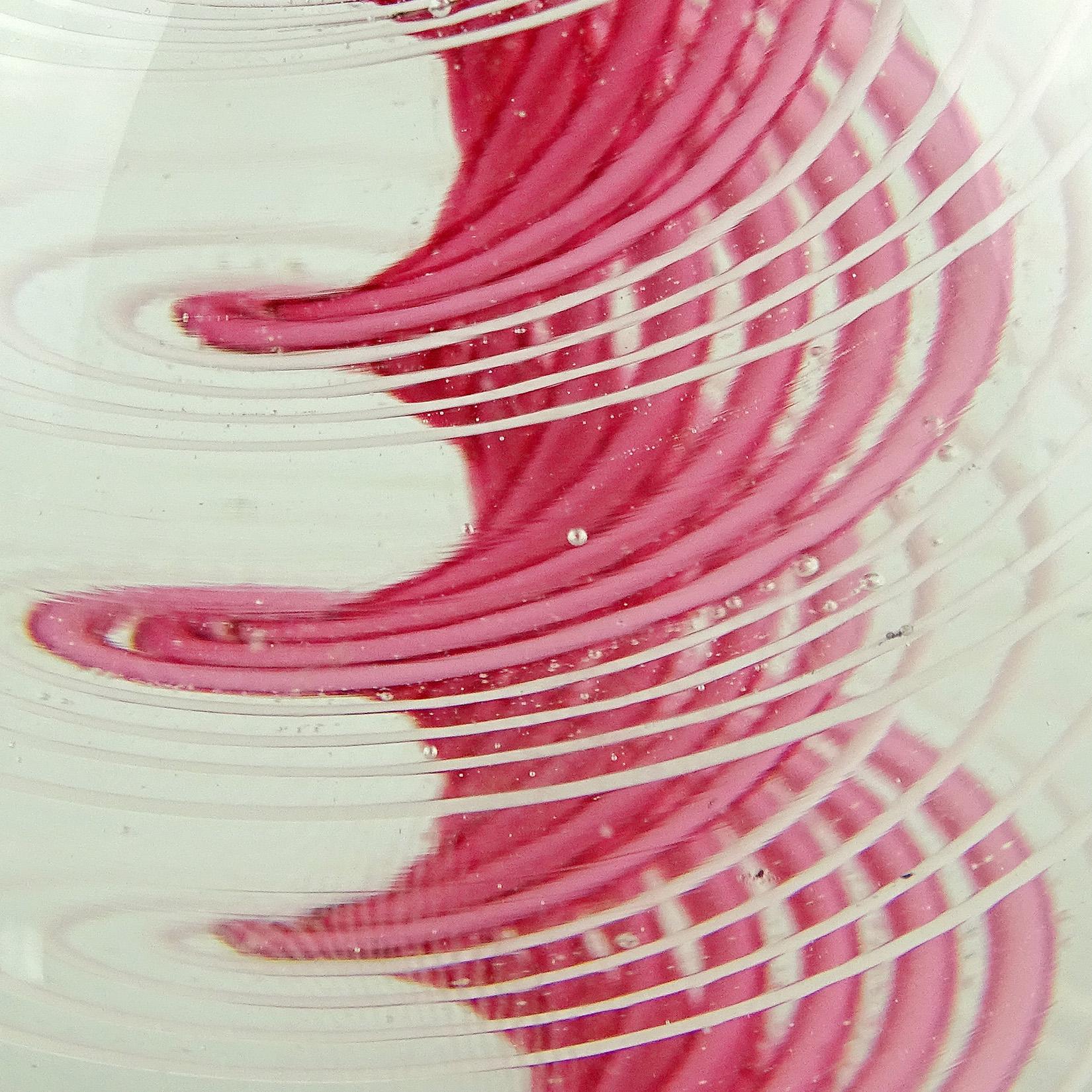 Mid-Century Modern Murano Pink White Filigrana Swirl Ribbons Italian Art Glass Dome Paperweight
