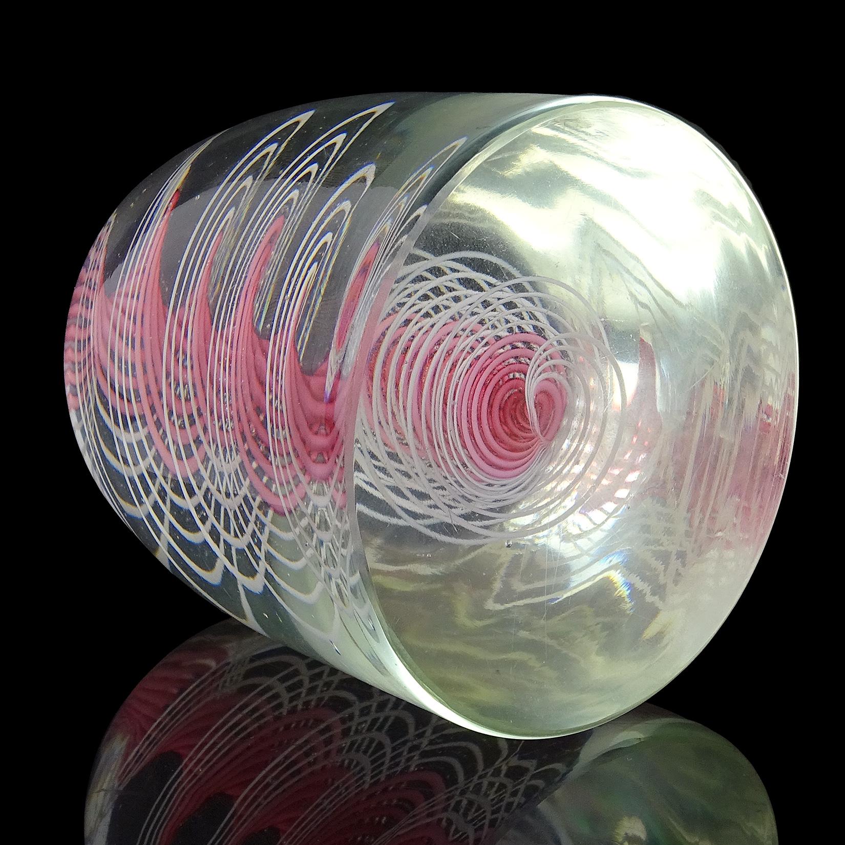 Hand-Crafted Murano Pink White Filigrana Swirl Ribbons Italian Art Glass Dome Paperweight