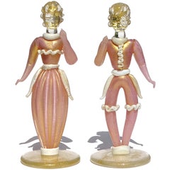 Murano Pink White Gold Flecks Italian Art Glass Man Woman Figurines Sculptures