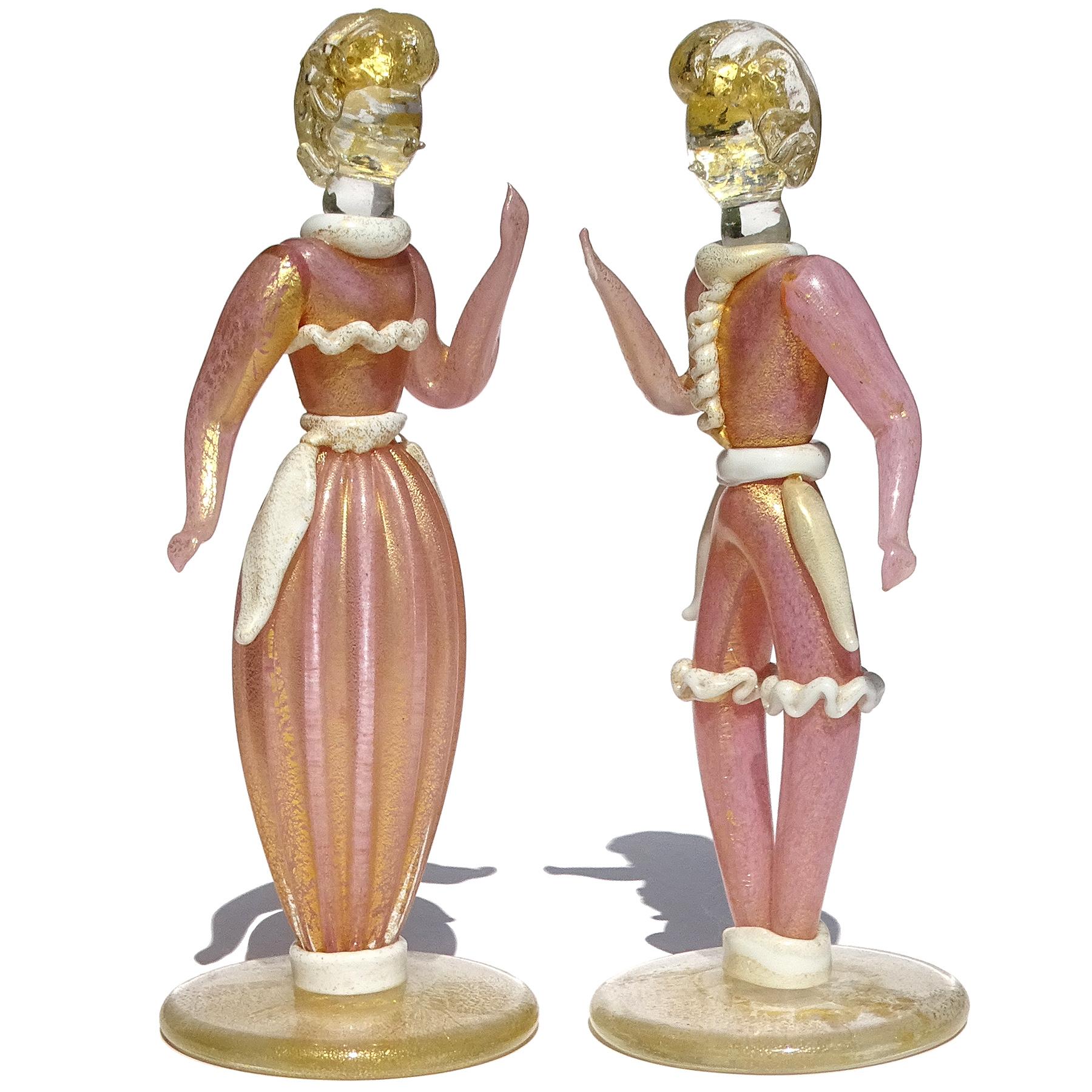 Murano Rosa Weiß Gold Flecken Italienische Kunst Glas Mann Frau Figuren Skulpturen (Moderne der Mitte des Jahrhunderts) im Angebot