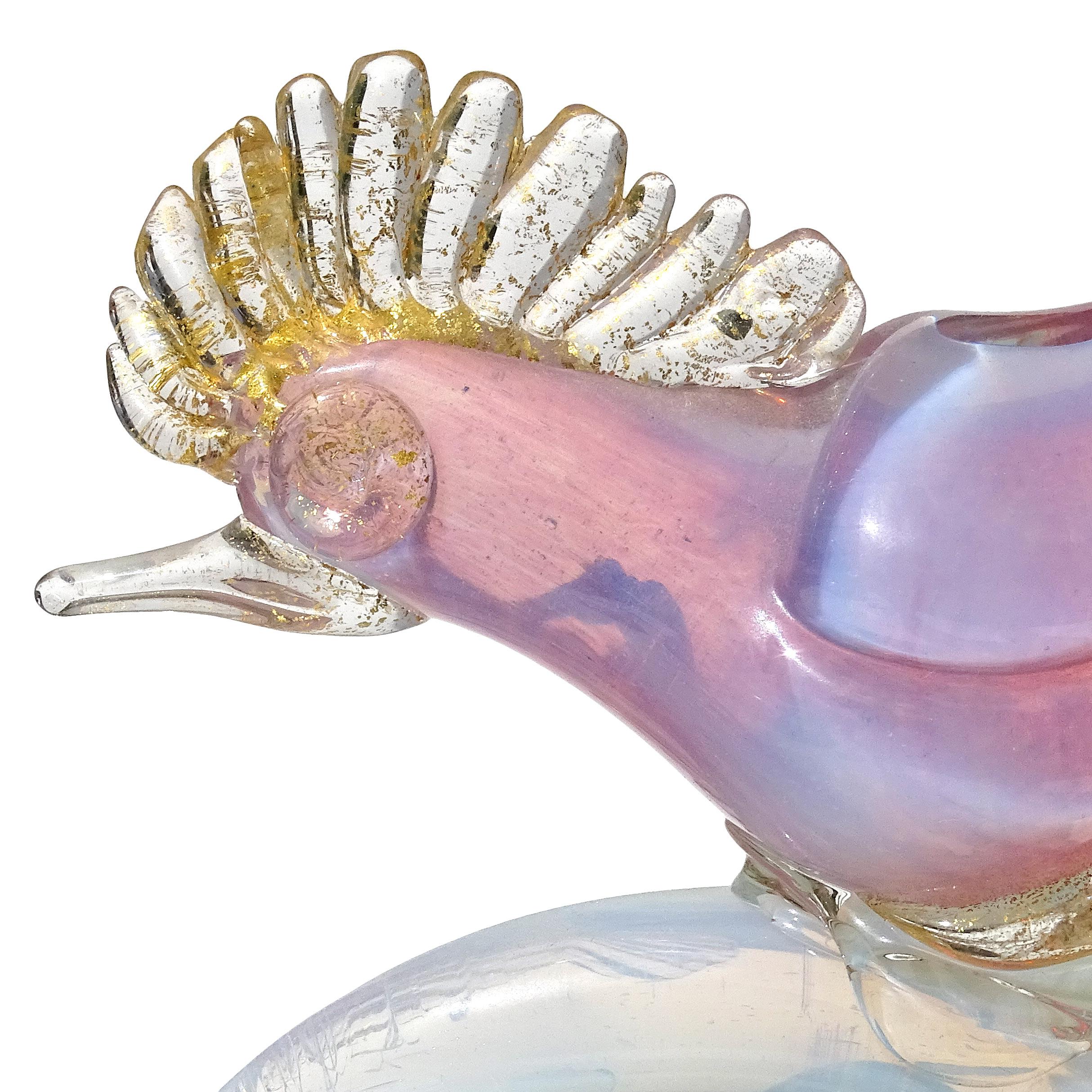 Murano Pink White Opal Gold Flecks Italian Art Glass Birds on Branch Sculpture For Sale 1