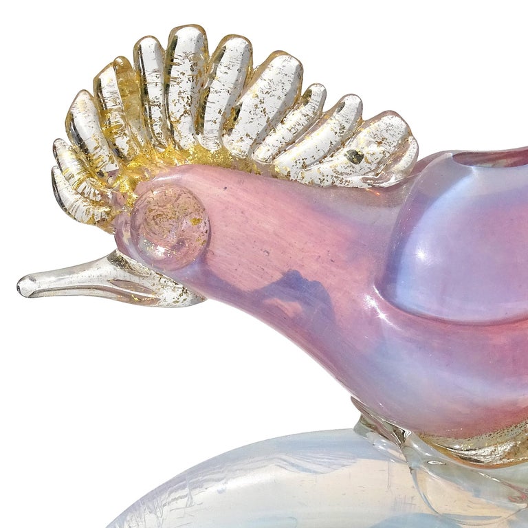 Murano Pink White Opal Gold Flecks Italian Art Glass Birds on Branch Sculpture For Sale 4