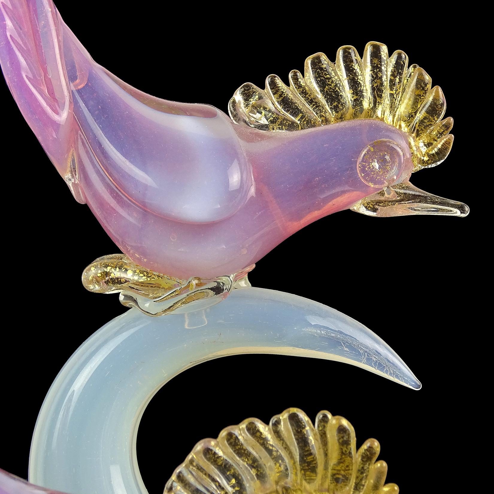 Murano Pink White Opal Gold Flecks Italian Art Glass Birds on Branch Sculpture For Sale 2