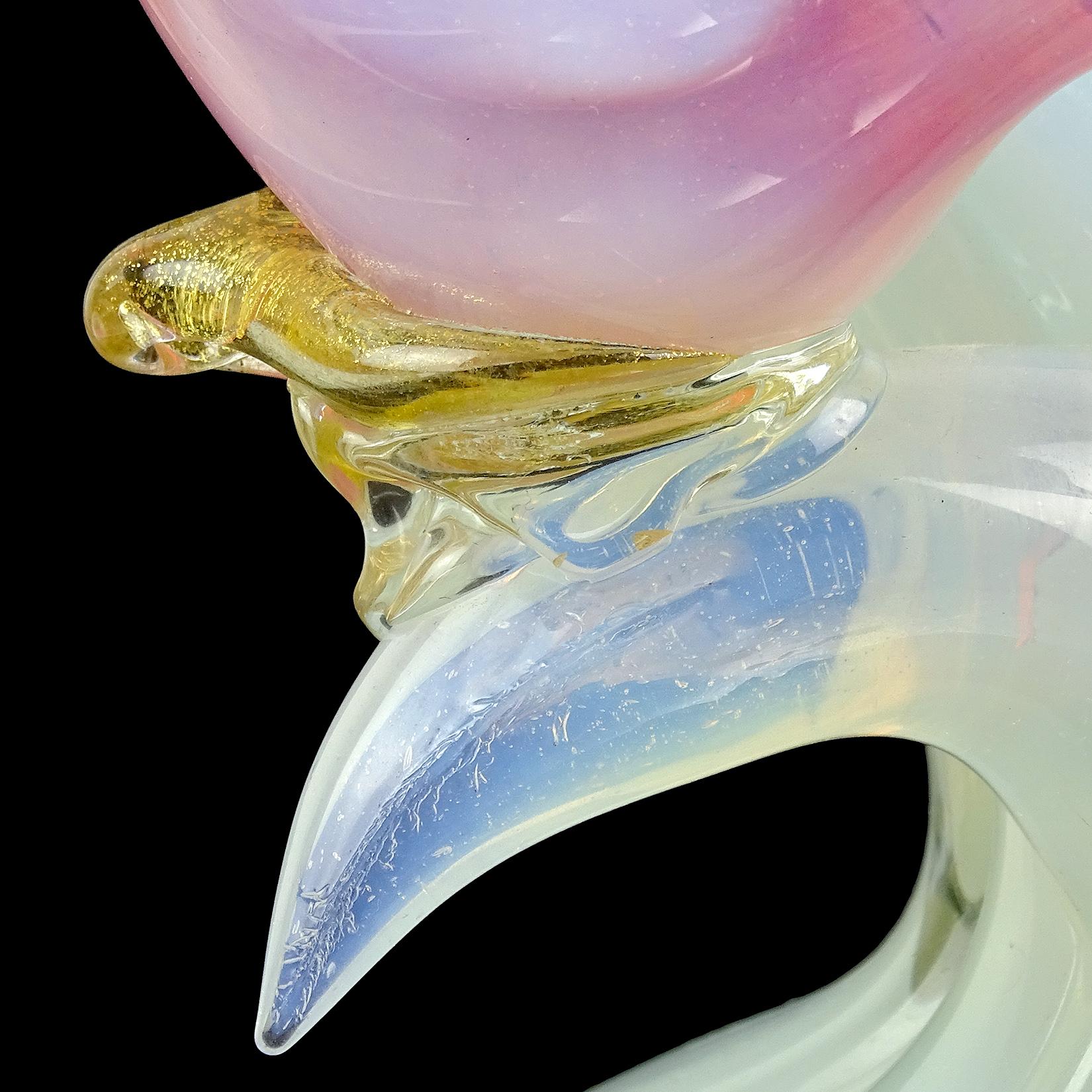 Murano Pink White Opal Gold Flecks Italian Art Glass Birds on Branch Sculpture For Sale 3