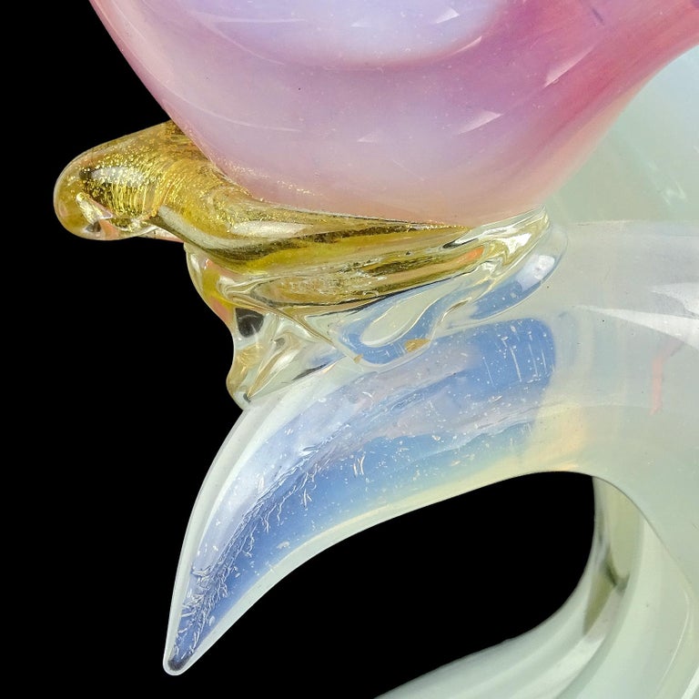Murano Pink White Opal Gold Flecks Italian Art Glass Birds on Branch Sculpture For Sale 6