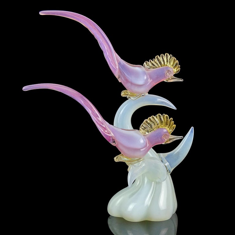 Mid-Century Modern Murano Pink White Opal Gold Flecks Italian Art Glass Birds on Branch Sculpture For Sale