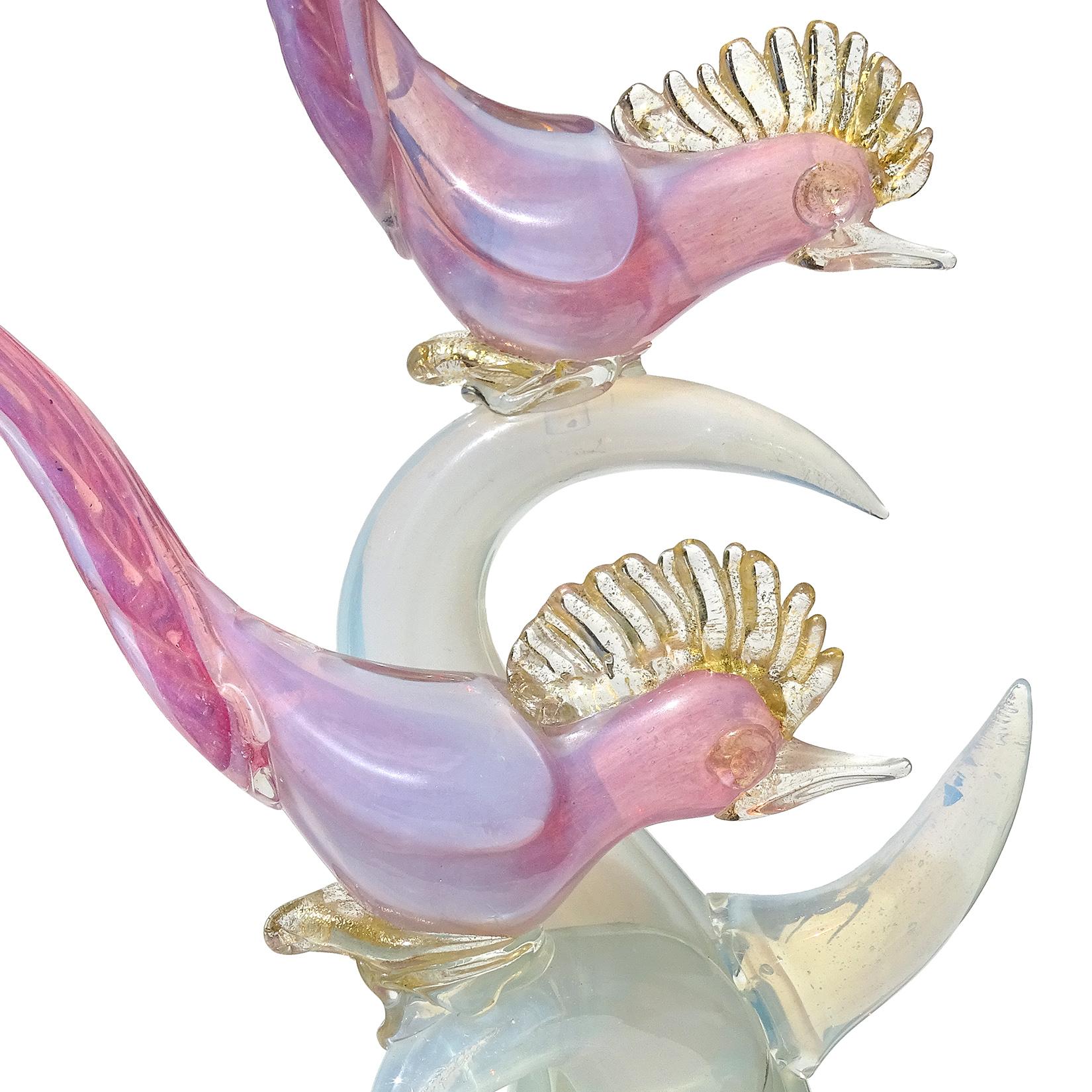 Mid-Century Modern Murano Pink White Opal Gold Flecks Italian Art Glass Birds on Branch Sculpture For Sale
