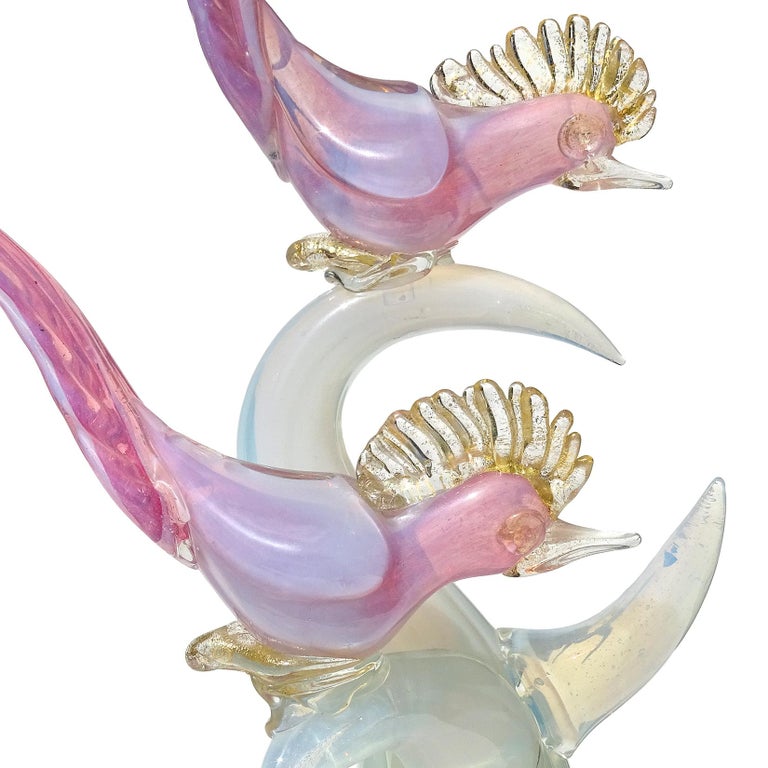 20th Century Murano Pink White Opal Gold Flecks Italian Art Glass Birds on Branch Sculpture For Sale