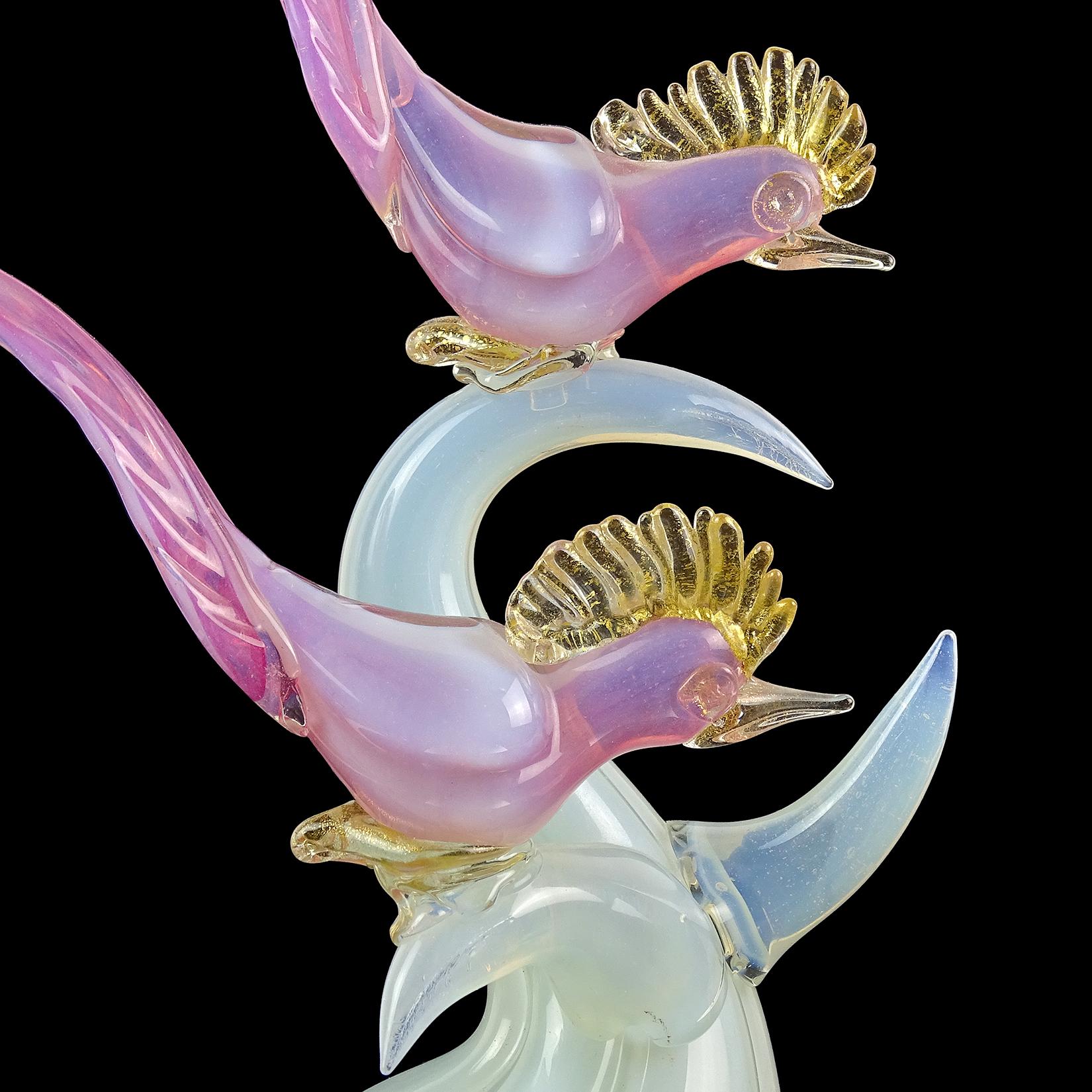 Hand-Crafted Murano Pink White Opal Gold Flecks Italian Art Glass Birds on Branch Sculpture For Sale