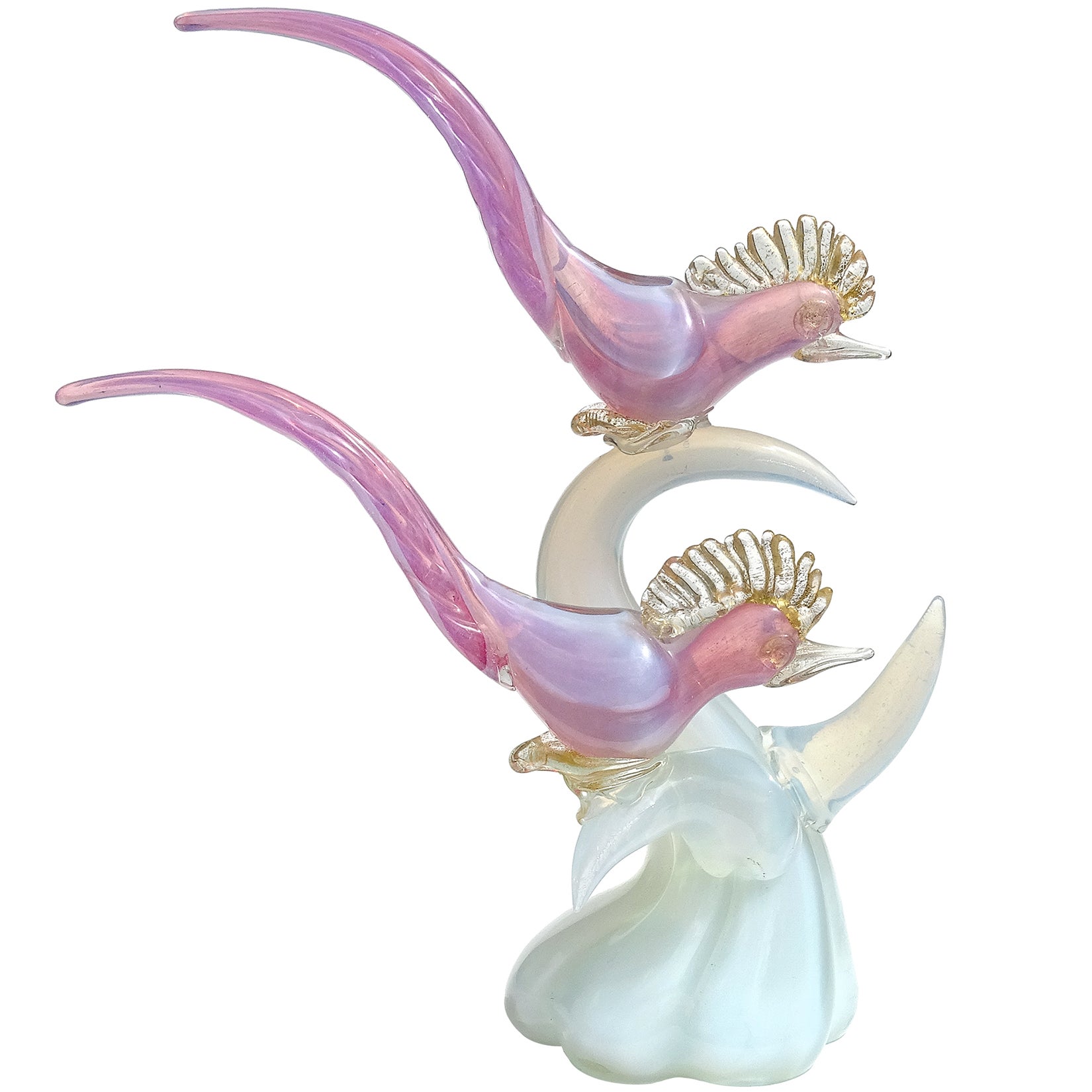 Murano Pink White Opal Gold Flecks Italian Art Glass Birds on Branch Sculpture