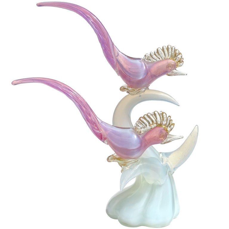 Murano Pink White Opal Gold Flecks Italian Art Glass Birds on Branch Sculpture For Sale
