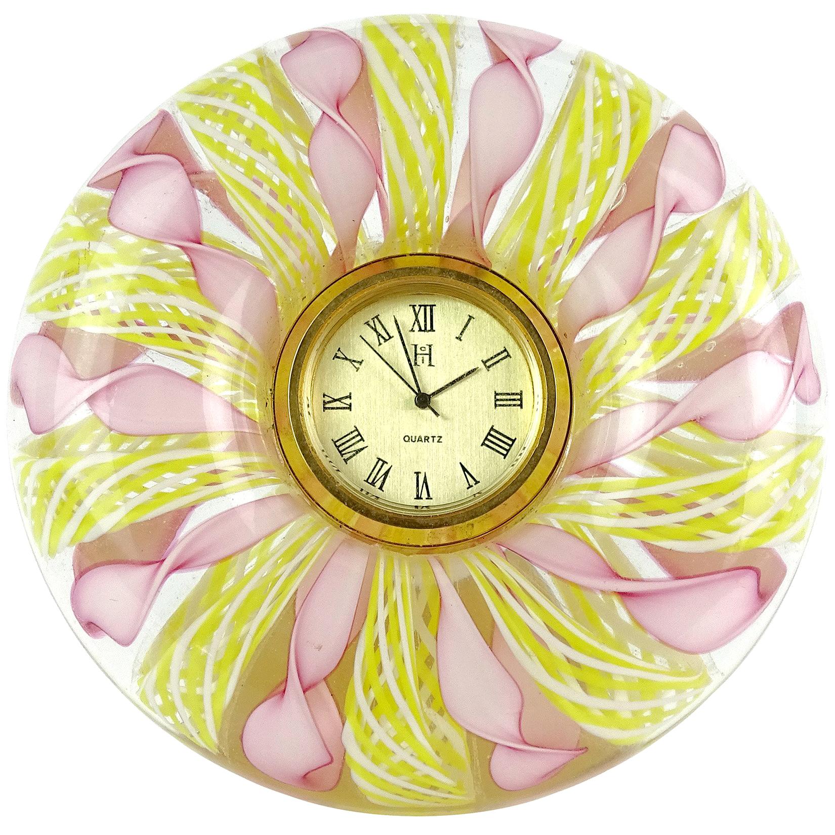 Murano Pink White Yellow Ribbons Italian Art Glass Decorative Round Desk Clock