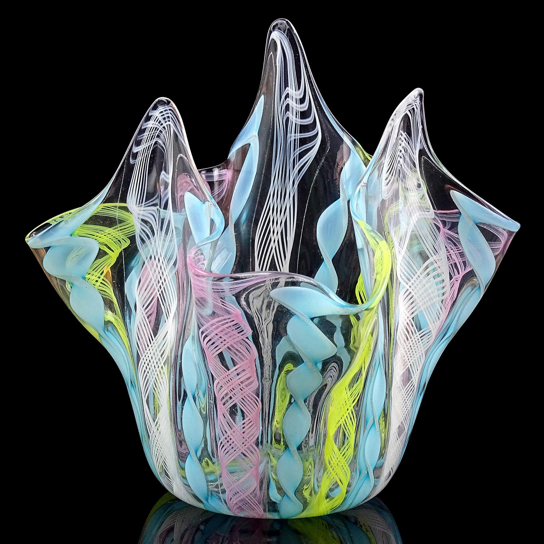 Beautiful vintage Murano hand blown light pastel colors and white ribbons Italian art glass handkerchief / fazzoletto vase. Created in the manner of Venini and the Fratelli Toso company. The vase is made with double twisting pale pink, white and
