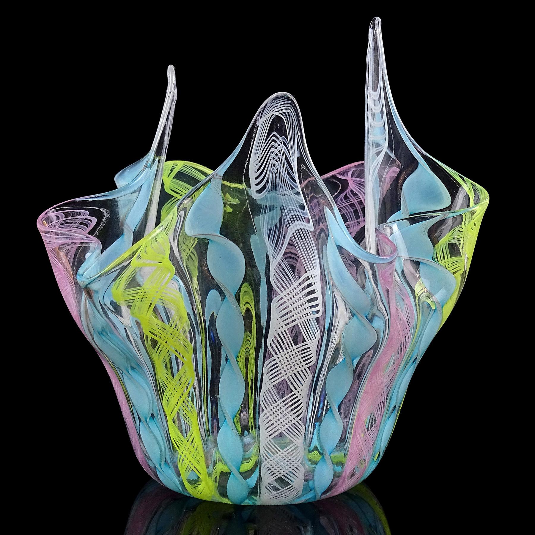20th Century Murano Pink Yellow Blue Pastel Colors Italian Art Glass Fazzoletto Flower Vase For Sale