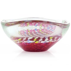 Murano Pink Yellow Blue White Aventurine Flecks Ribbons Italian Art Glass Bowl
