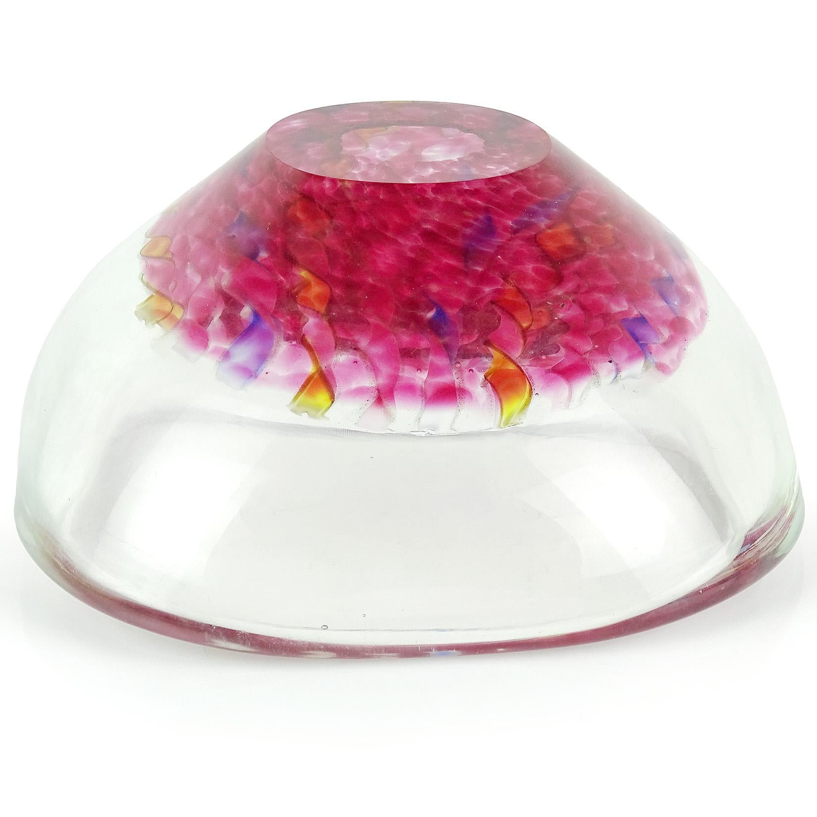 20th Century Murano Pink Yellow Blue White Aventurine Flecks Ribbons Italian Art Glass Bowl For Sale