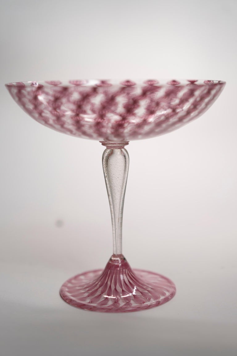 Glass Murano Pink Zanfirico Filigree Latticino Compote For Sale