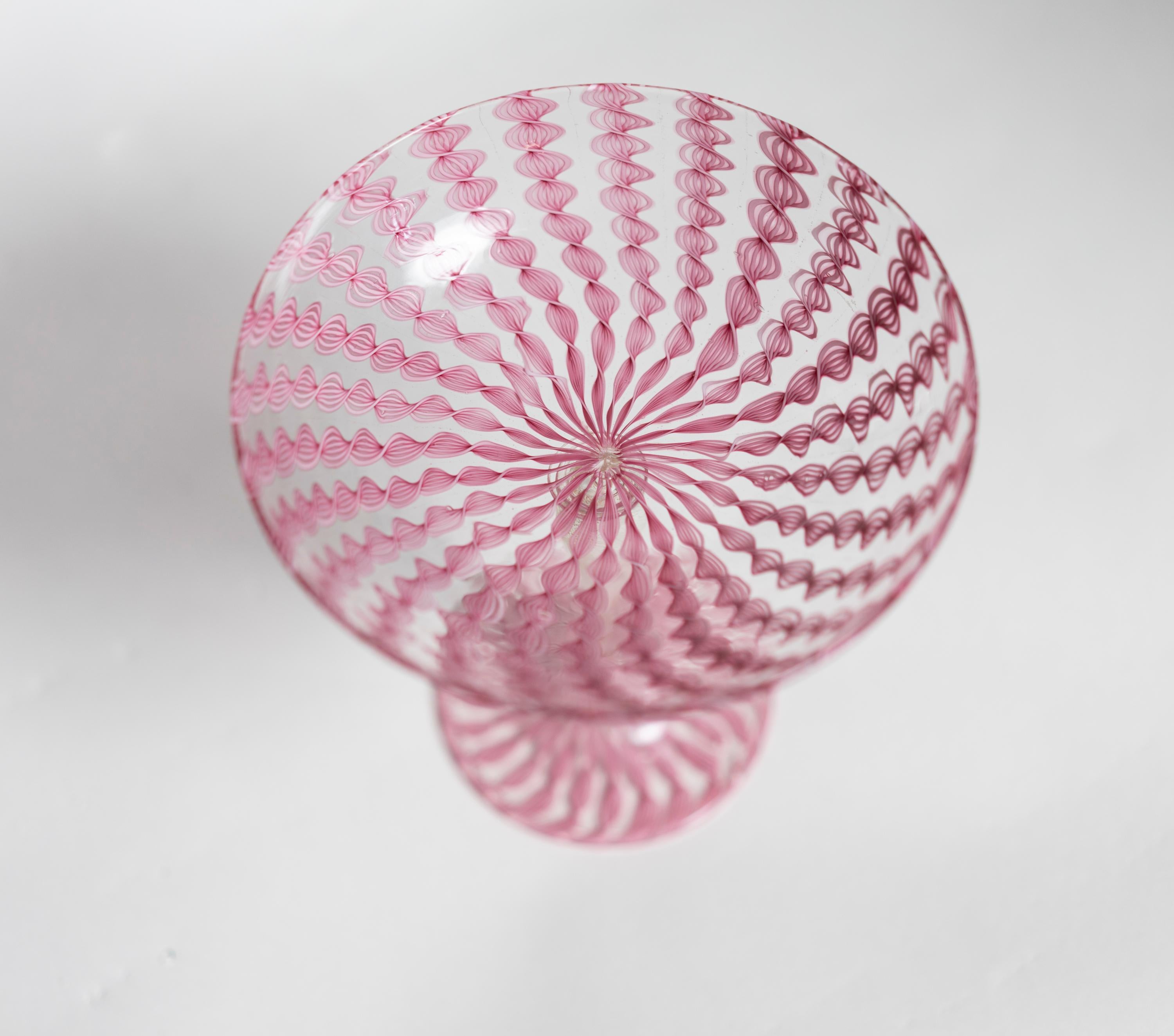 Mid-20th Century Murano Pink Zanfirico Filigree Latticino Compote For Sale