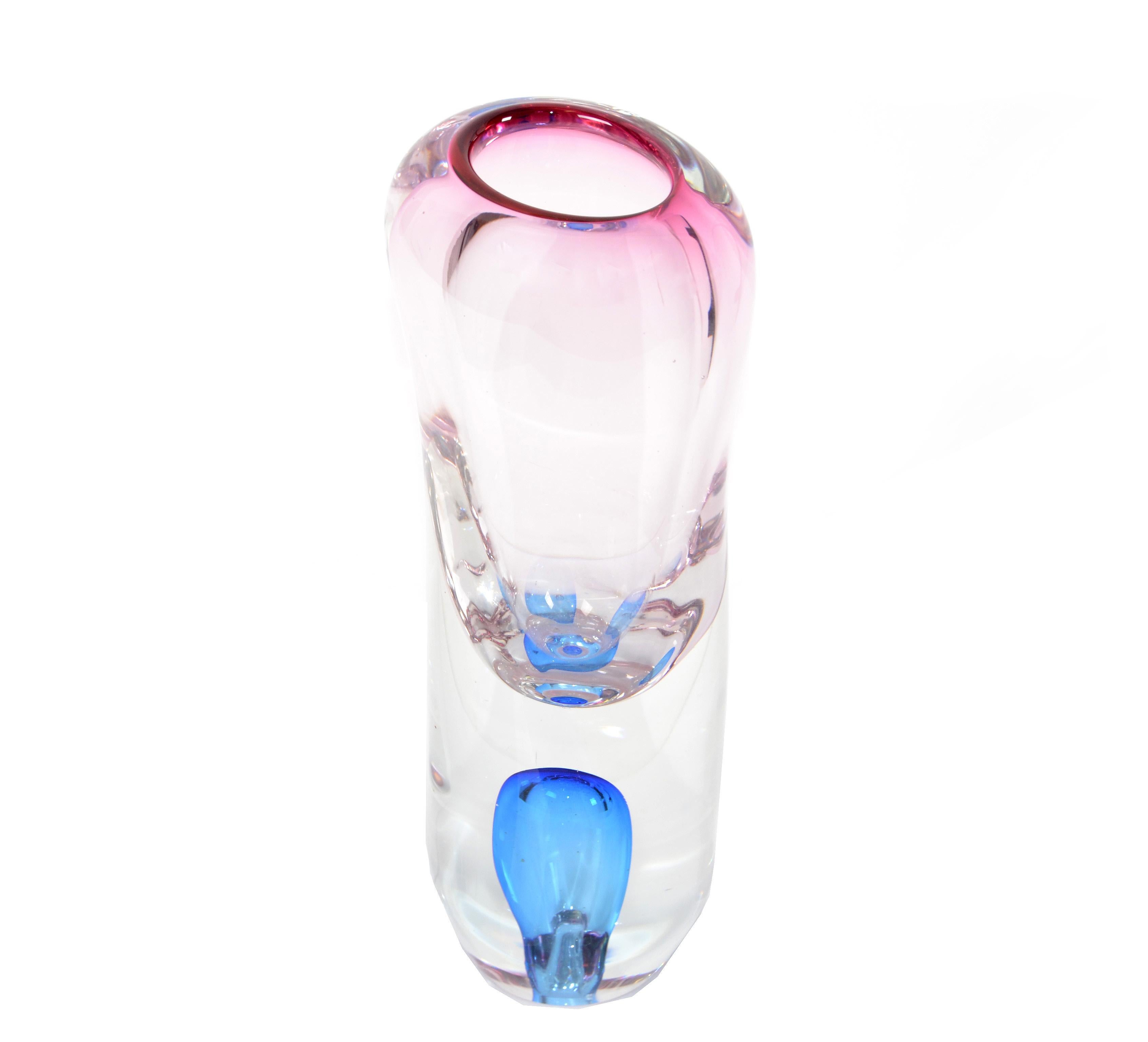 Italian Murano Pink Blue & Clear Two Sided Blown Art Glass Vase Mid-Century Modern Italy