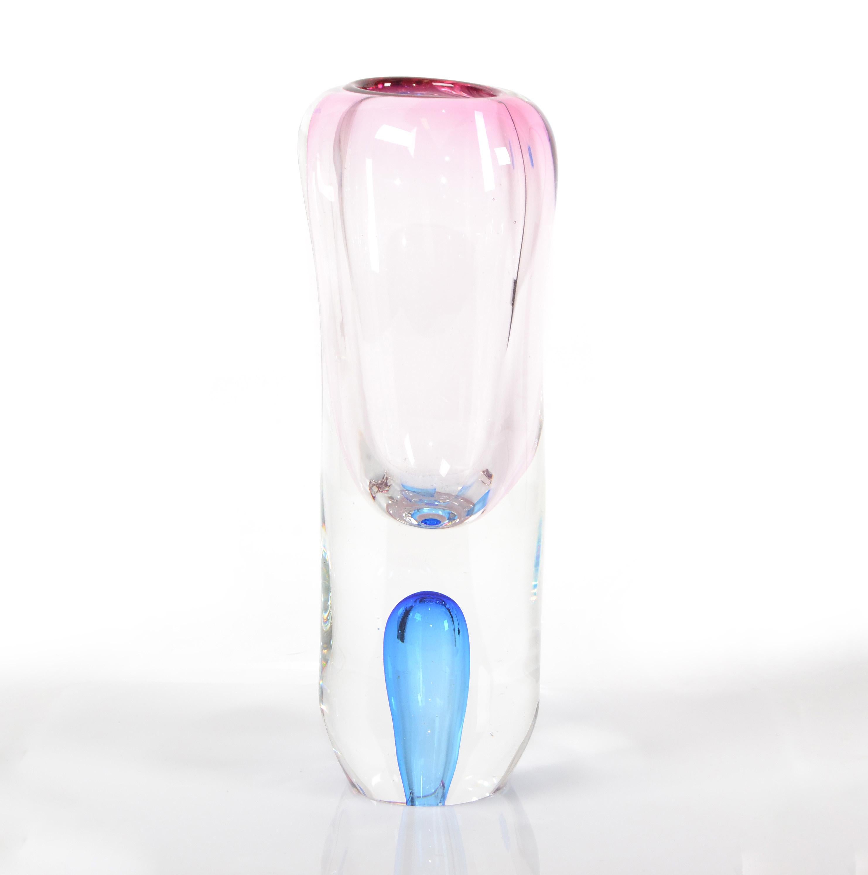 Hand-Crafted Murano Pink Blue & Clear Two Sided Blown Art Glass Vase Mid-Century Modern Italy