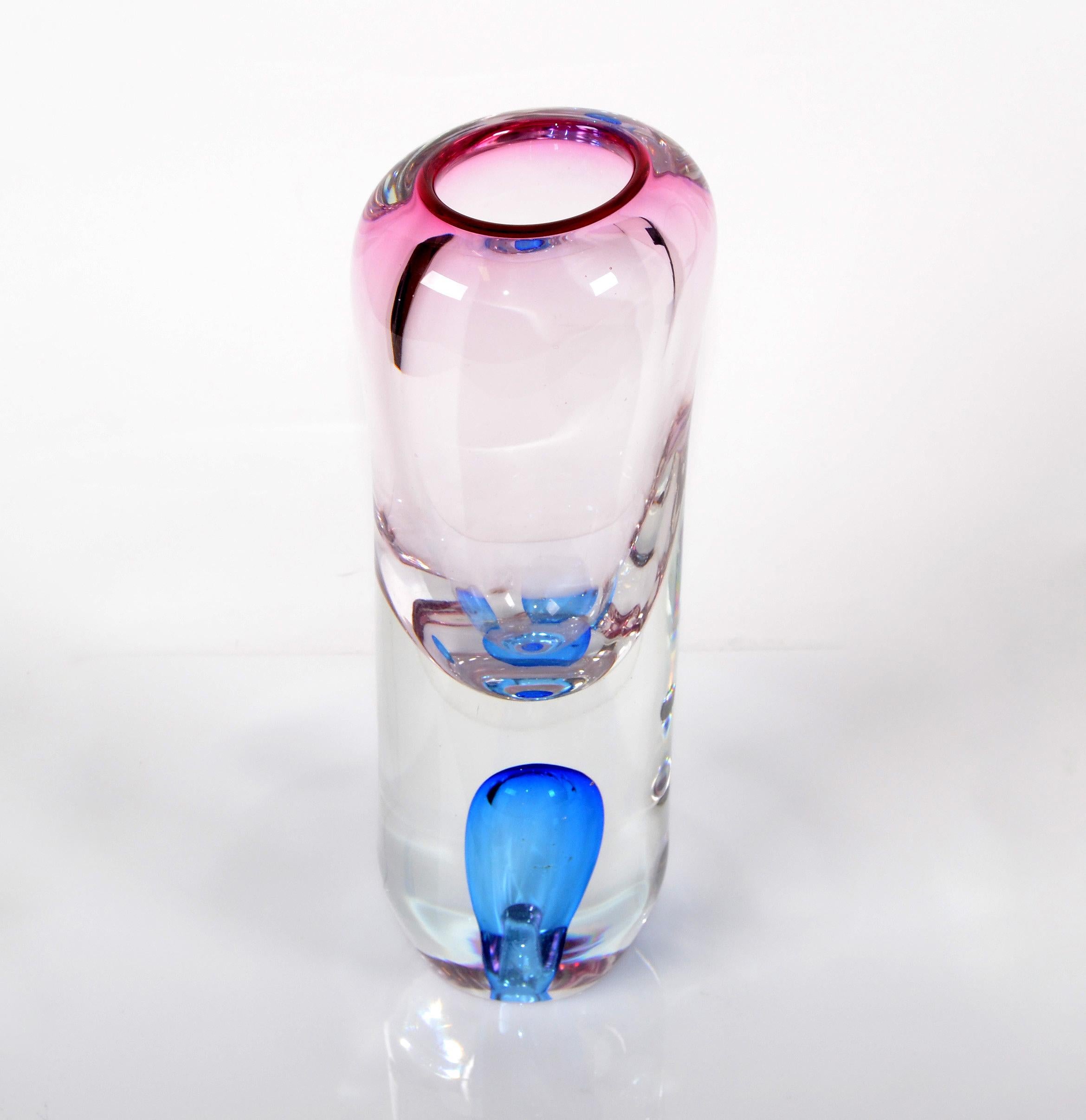 Murano Pink Blue & Clear Two Sided Blown Art Glass Vase Mid-Century Modern Italy In Good Condition In Miami, FL