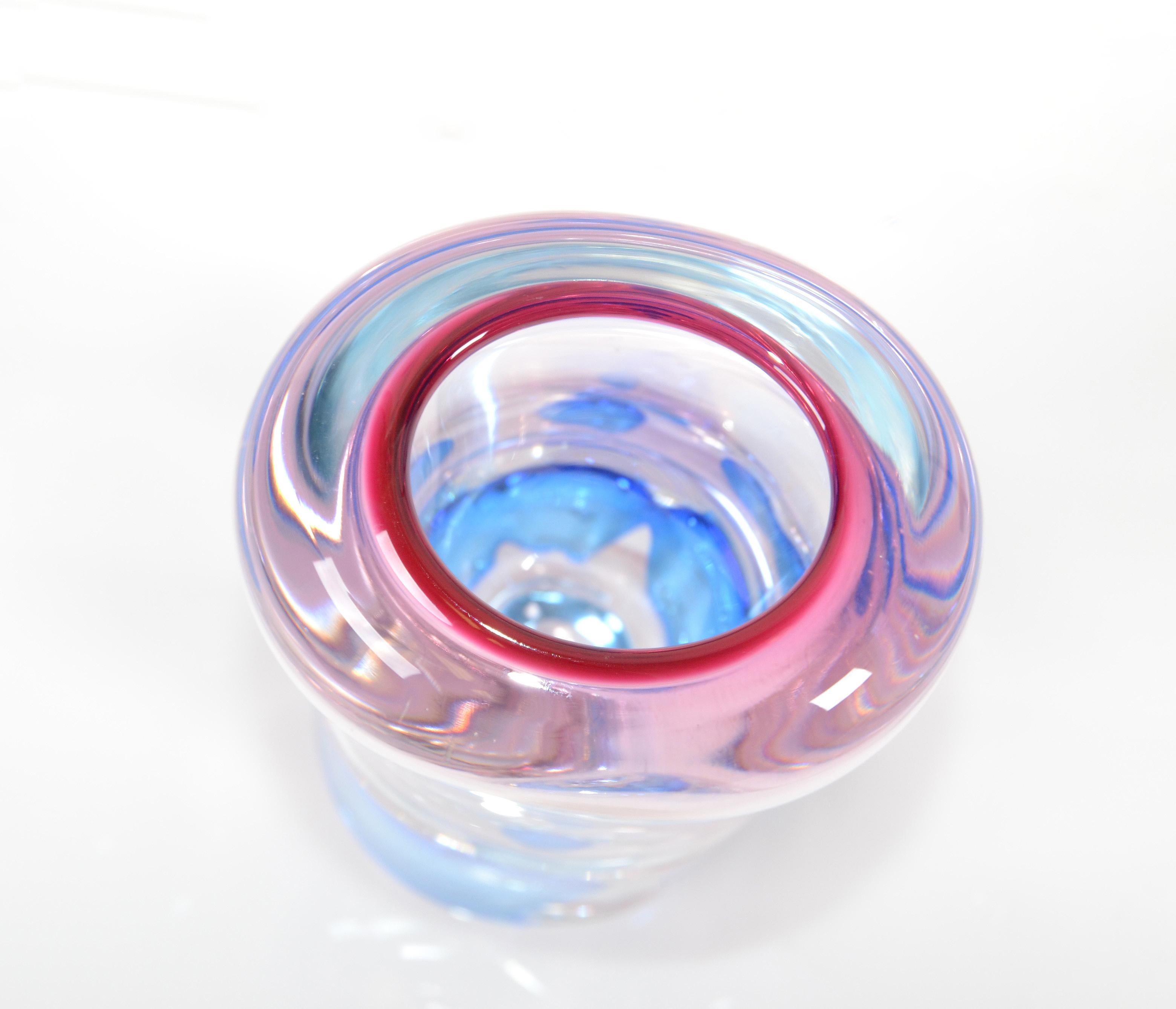 20th Century Murano Pink Blue & Clear Two Sided Blown Art Glass Vase Mid-Century Modern Italy