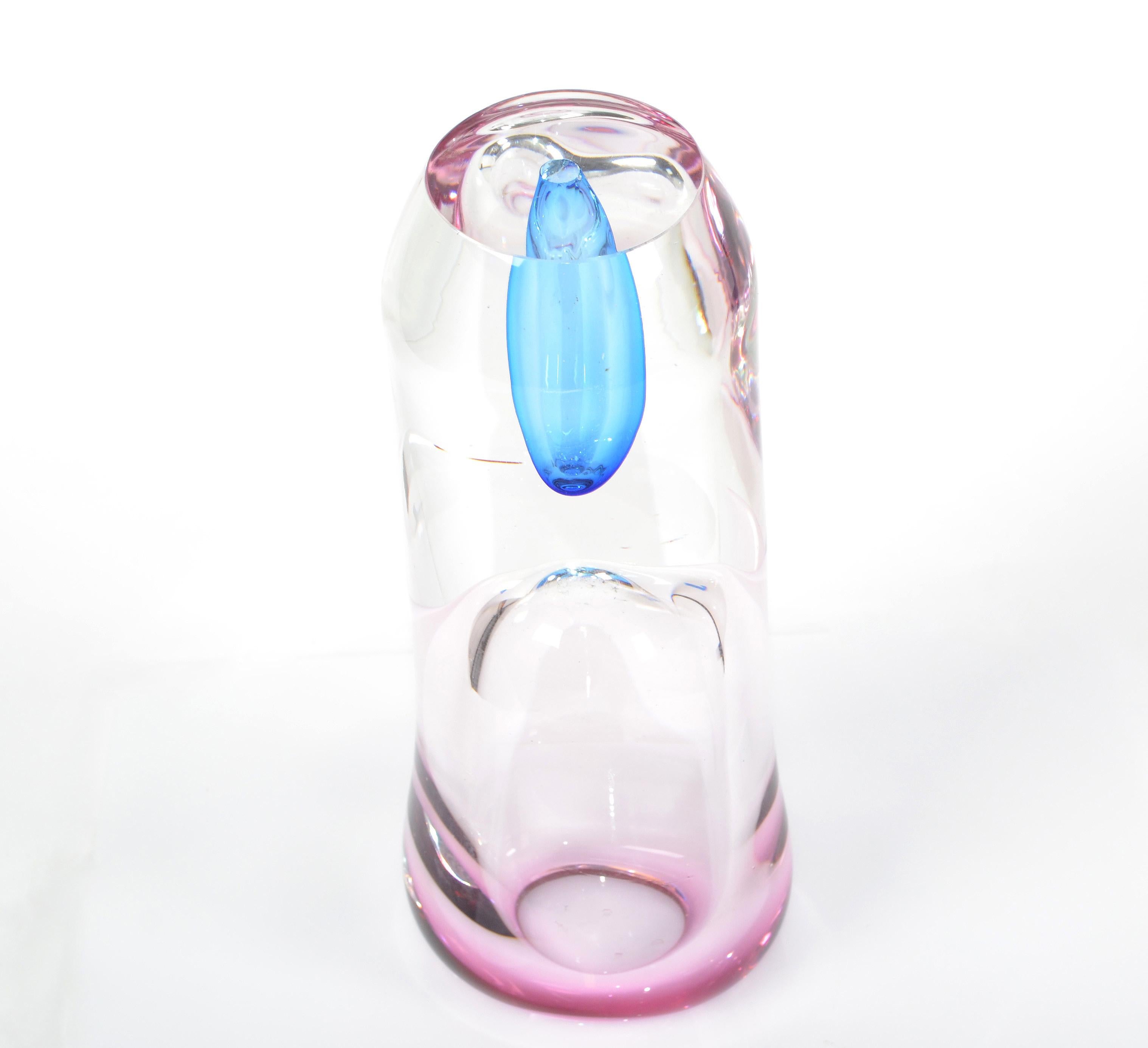 Murano Pink Blue & Clear Two Sided Blown Art Glass Vase Mid-Century Modern Italy 1