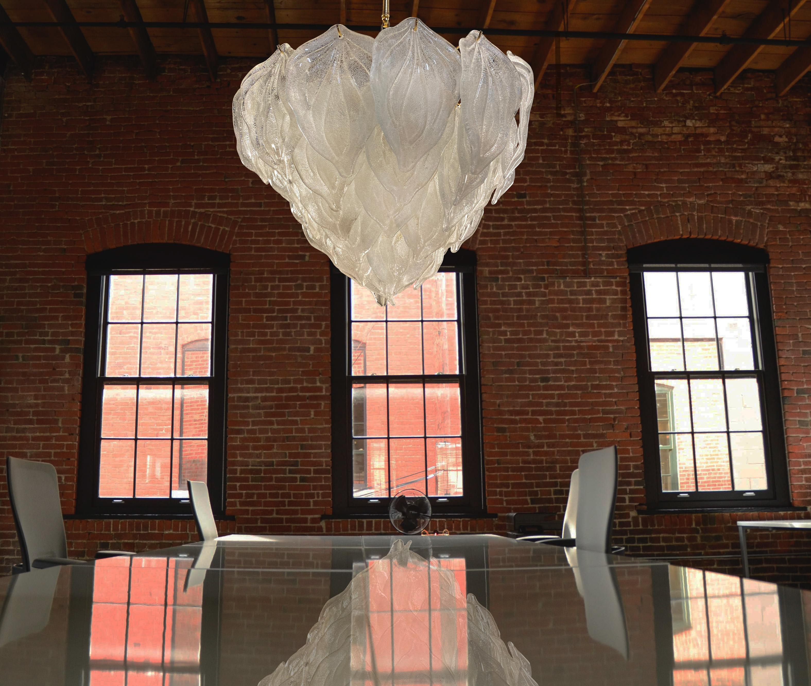 Murano polar ice chandelier, 1970. 
36 leaves Murano glass.
Measures: Height (100 cm).
Diameter (55 cm).