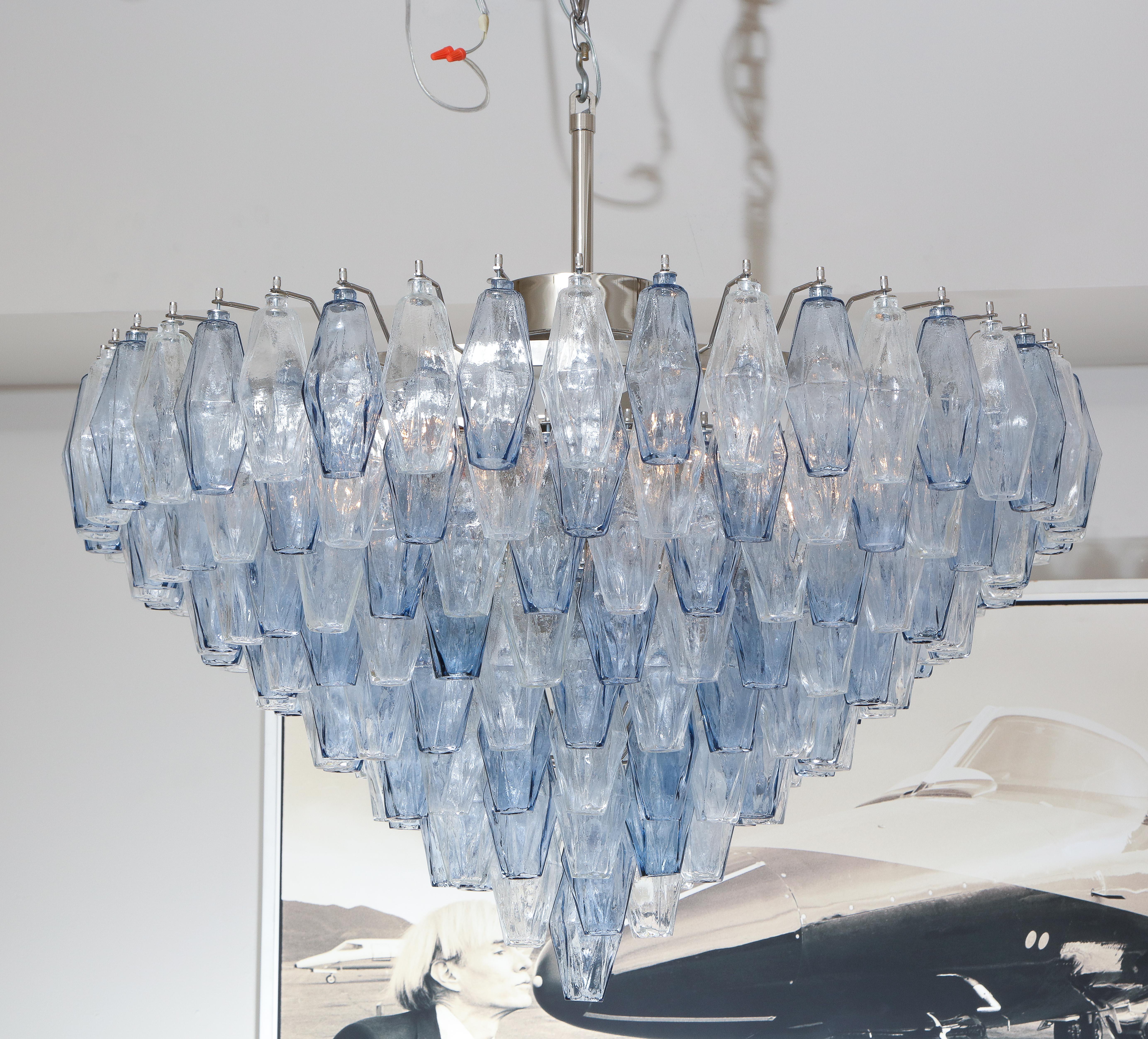 Custom Murano polyhedron glass chandelier in blue and clear color combination. Customization is available for different glass colors, color combinations, dimensions and finishes.