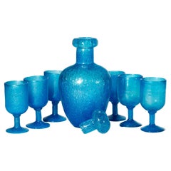 Murano Pulegoso Blue Art Glass Decanter and 6 Footed Glasses